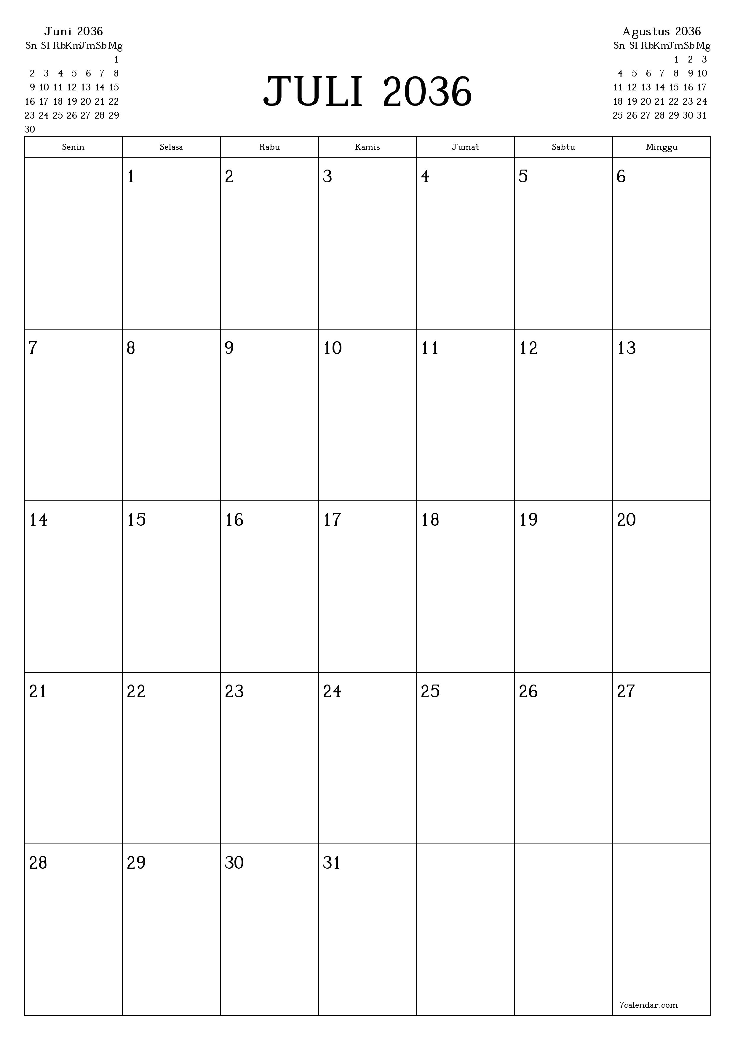  yang dapat dicetak dinding templat gratisvertikal Bulanan perencana kalender Juli (Jul) 2036