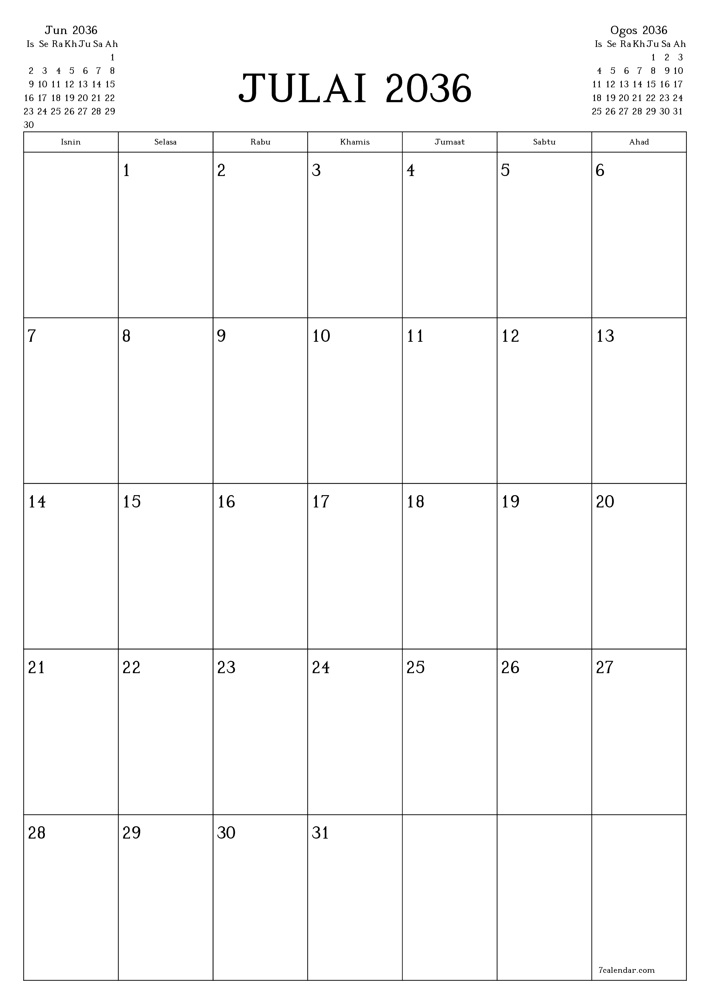  boleh cetak dinding templat percumamenegak Bulanan perancang kalendar Julai (Jul) 2036