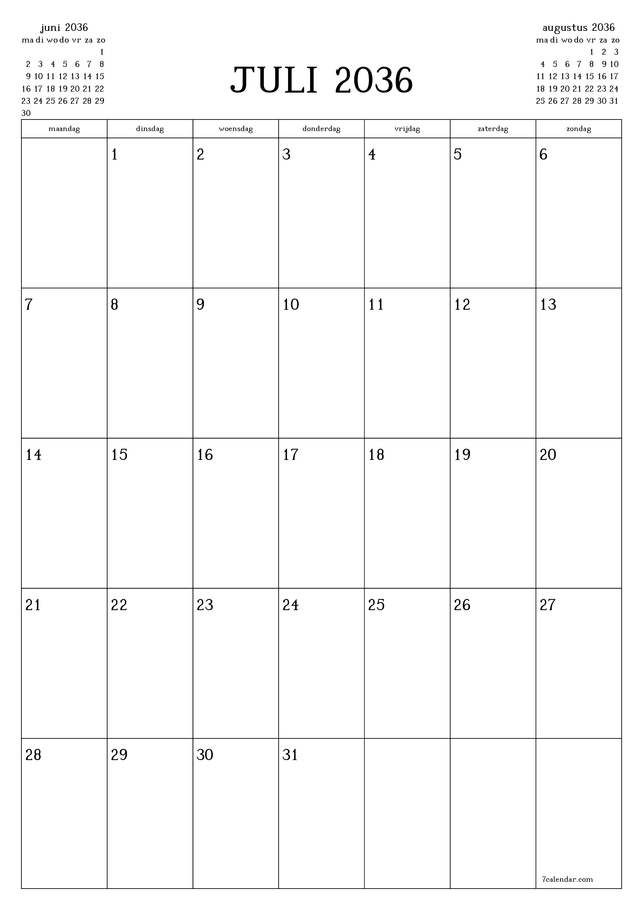 afdrukbare muur sjabloon gratis verticaal Maandelijks planner kalender juli (jul) 2036