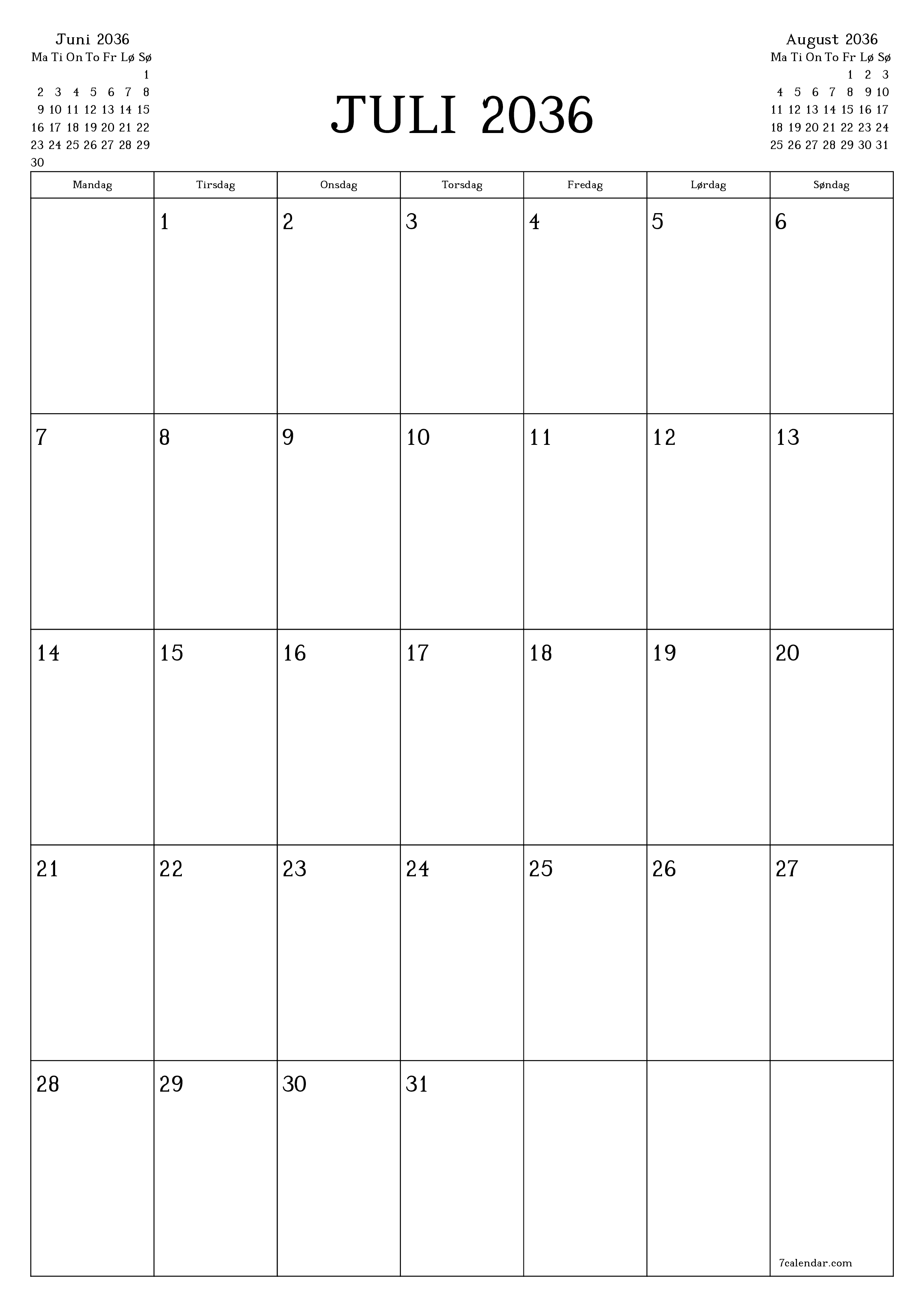 utskrivbar vegg mal gratis vertikal Månedlig planlegger kalender Juli (Jul) 2036