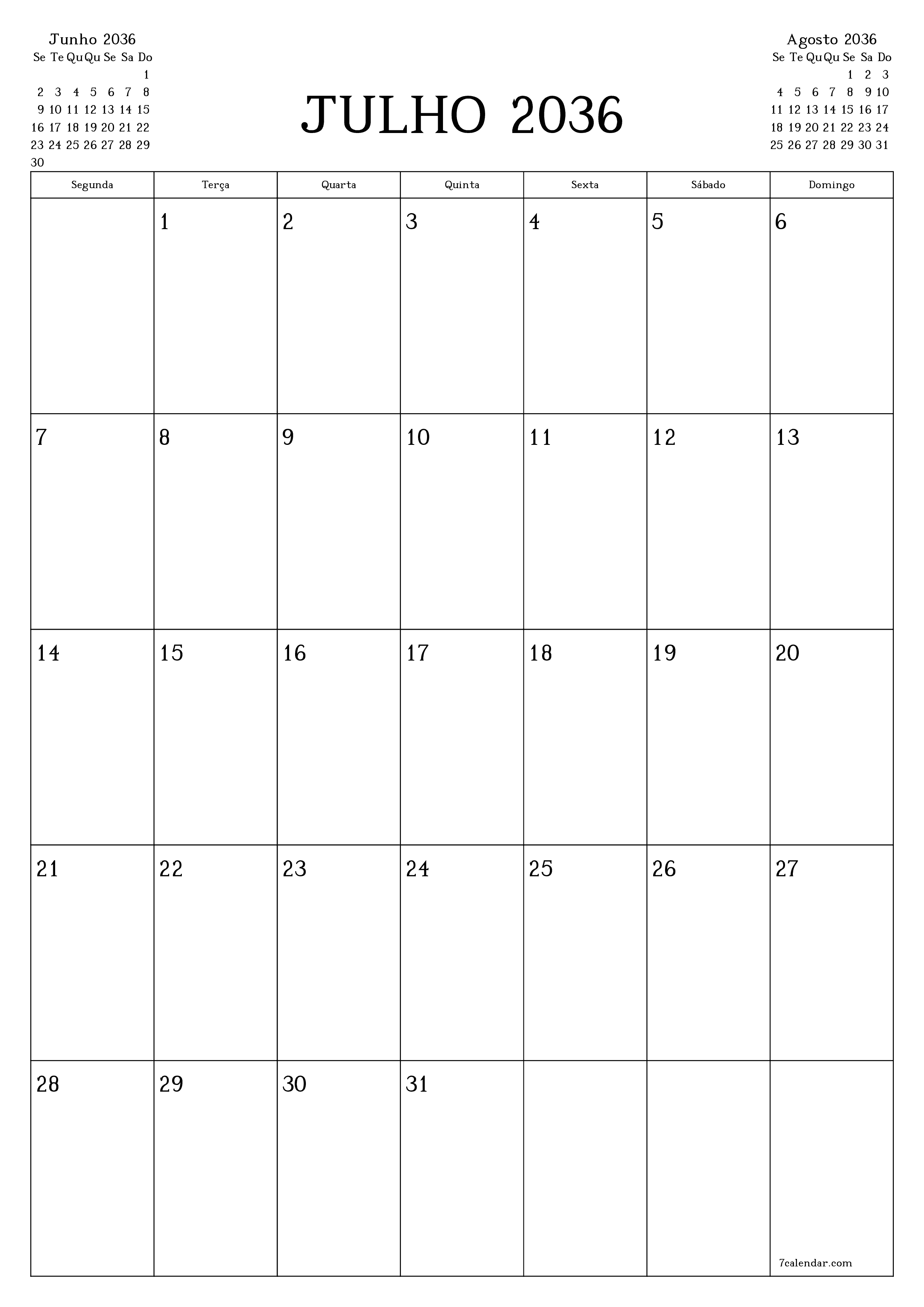  para impressão de parede modelo de grátisvertical Mensal planejador calendário Julho (Jul) 2036