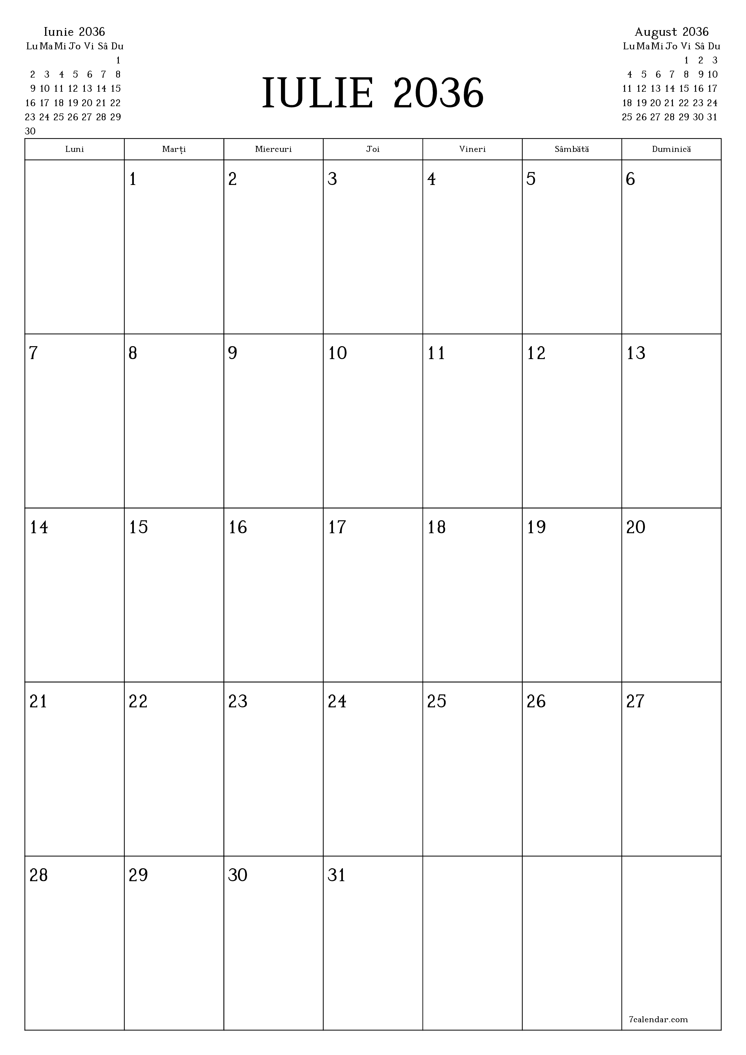  imprimabil de perete șablon de gratuitvertical Lunar planificator calendar Iulie (Iul) 2036