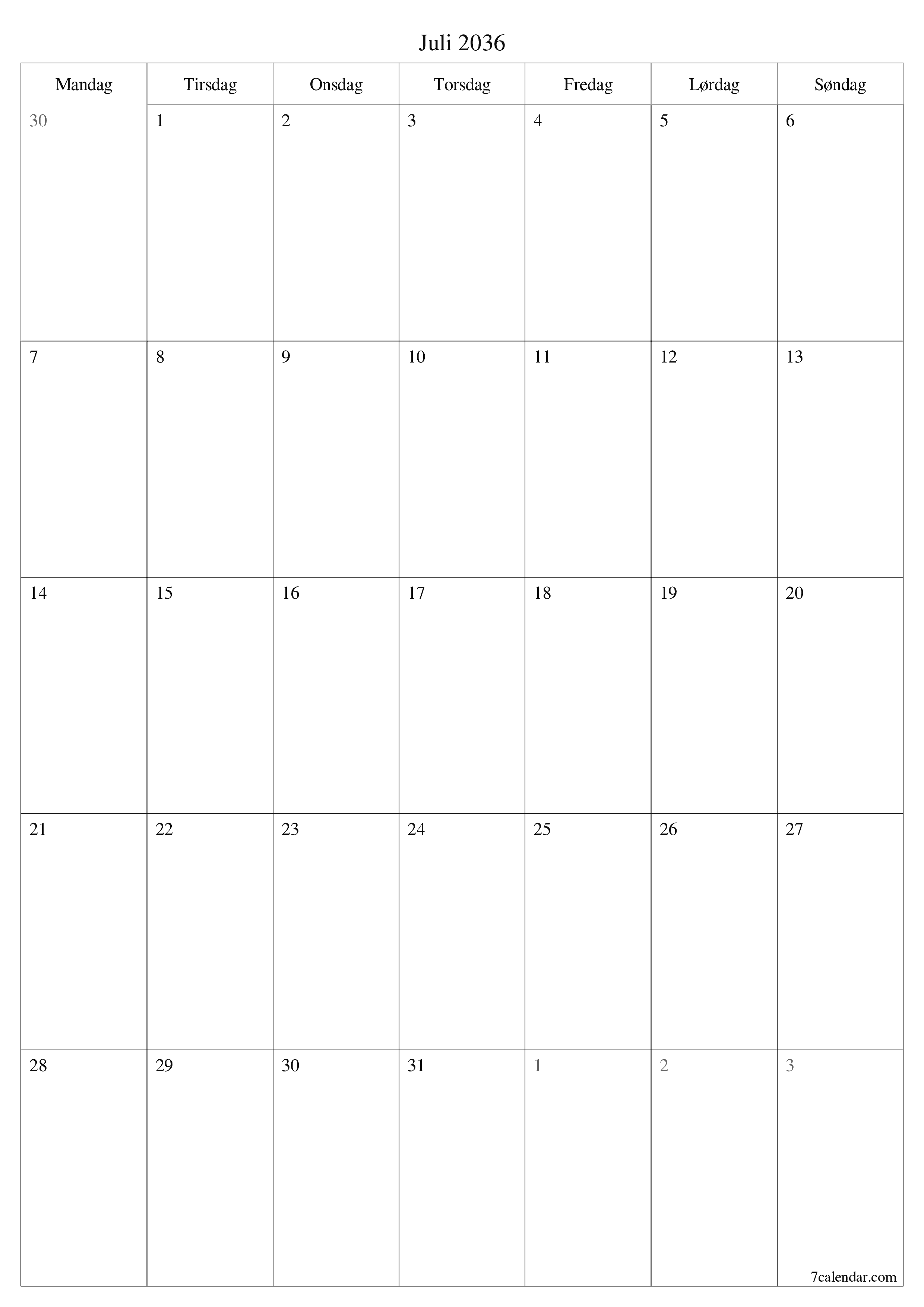 udskrivbar væg skabelon gratis lodret Månedlig planlægger kalender Juli (Jul) 2036