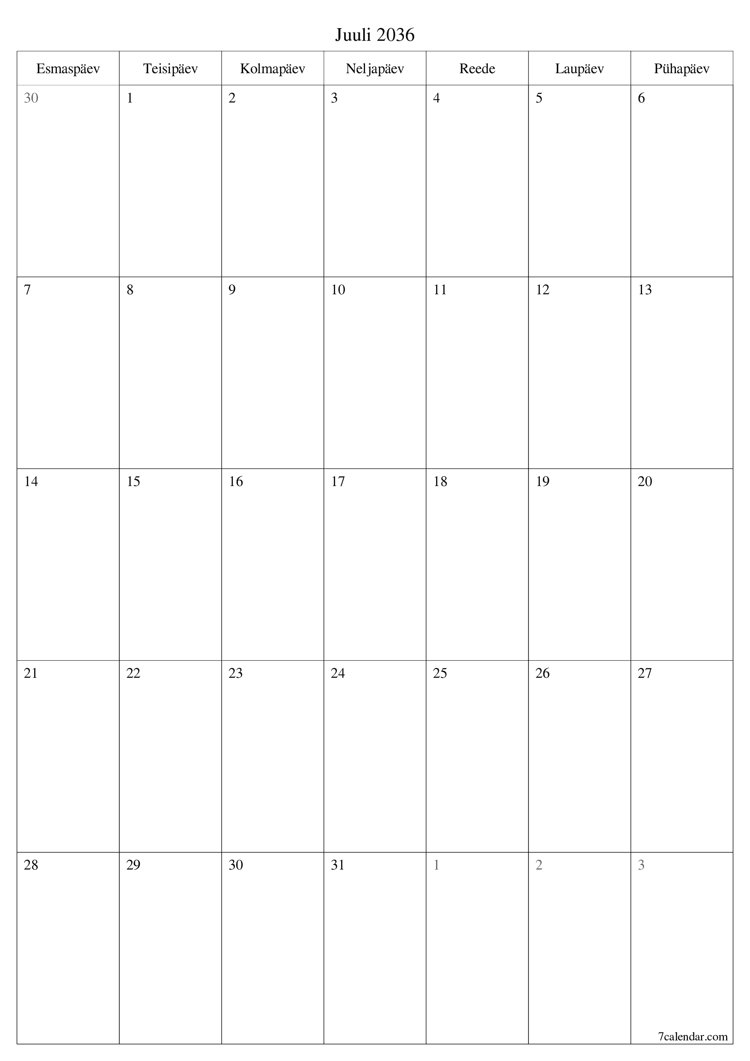 prinditav seina kalendri mall tasuta vertikaalne Igakuine planeerija kalender Juuli (Juuli) 2036