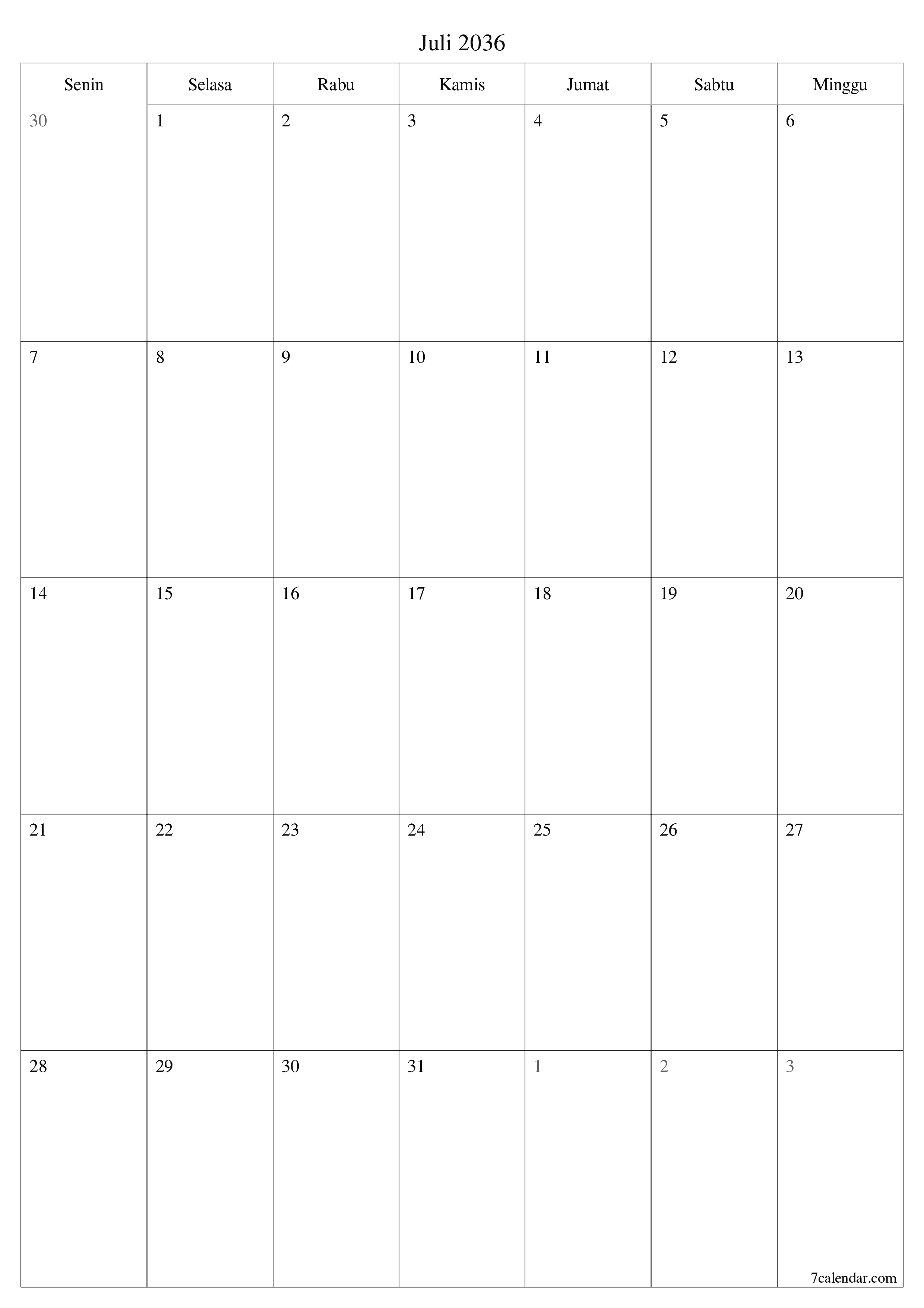 Kosongkan agenda bulanan untuk bulan Juli 2036 dengan catatan, simpan dan cetak ke PDF PNG Indonesian