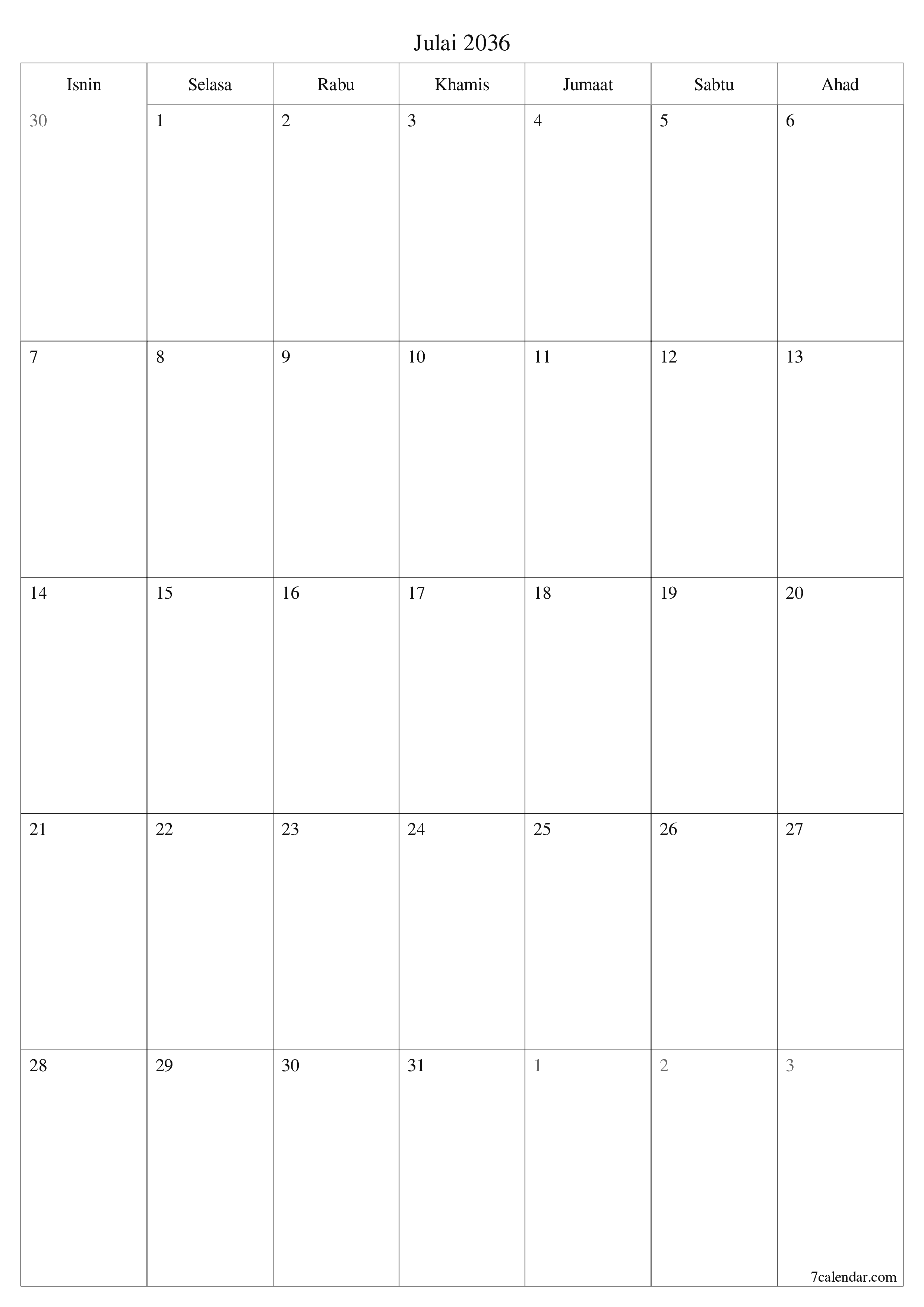  boleh cetak dinding templat percumamenegak Bulanan perancang kalendar Julai (Jul) 2036