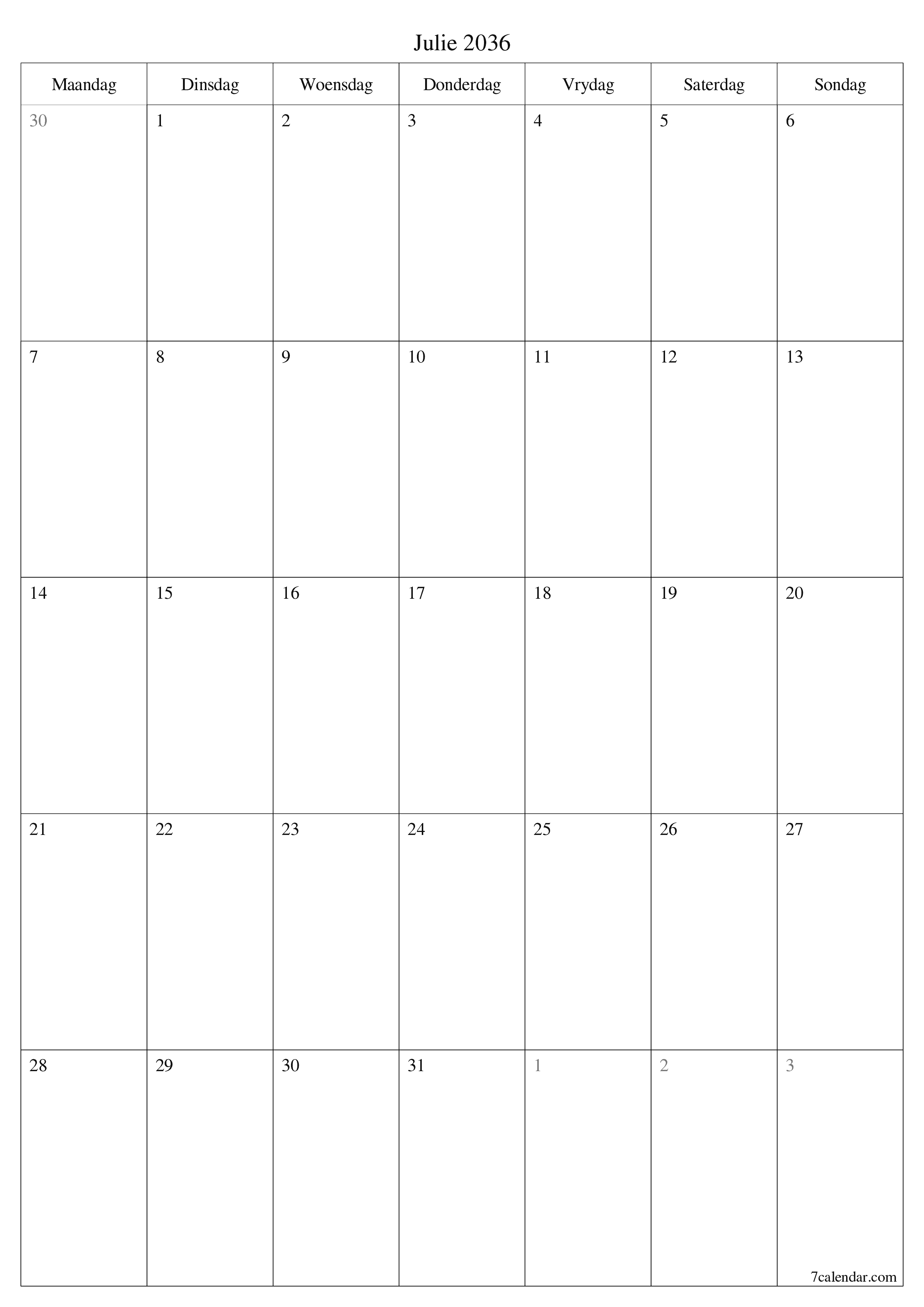 drukbare muur template gratis vertikaal Maandeliks beplanner kalender Julie (Jul) 2036