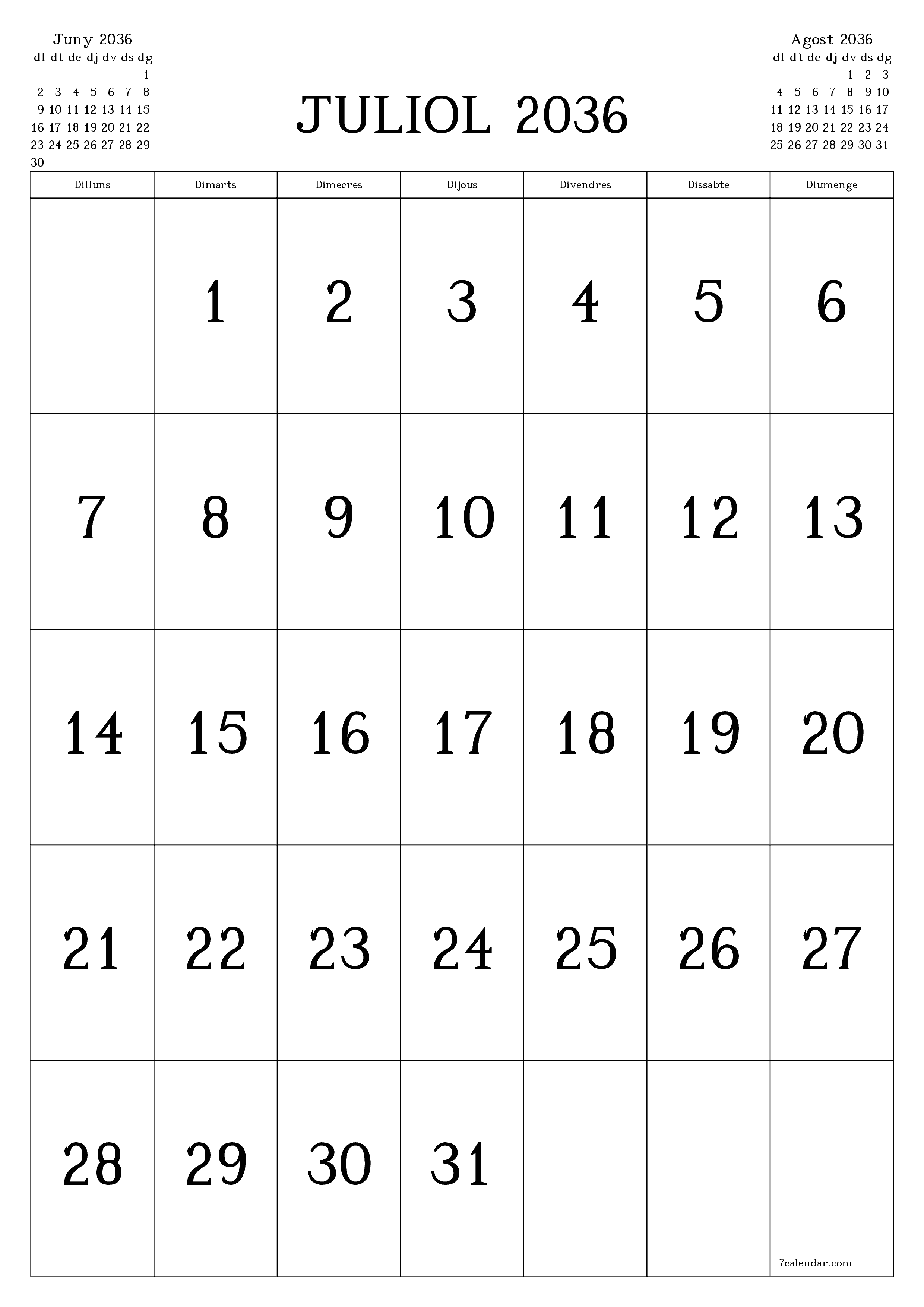  imprimible de paret plantilla de gratuïtvertical Mensual calendari Juliol (Jul) 2036