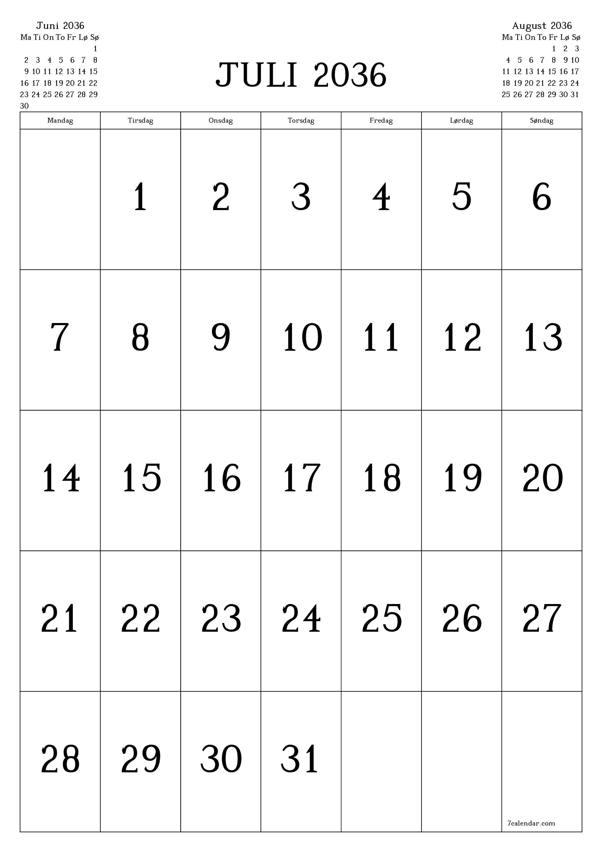 udskrivbar væg skabelon gratis lodret Månedlig kalender Juli (Jul) 2036