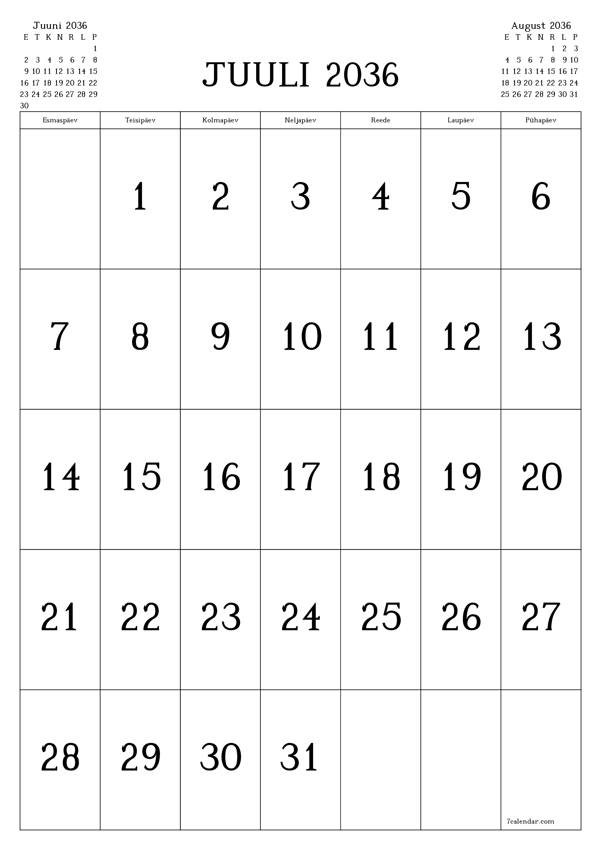 prinditav seina kalendri mall tasuta vertikaalne Igakuine kalender Juuli (Juuli) 2036