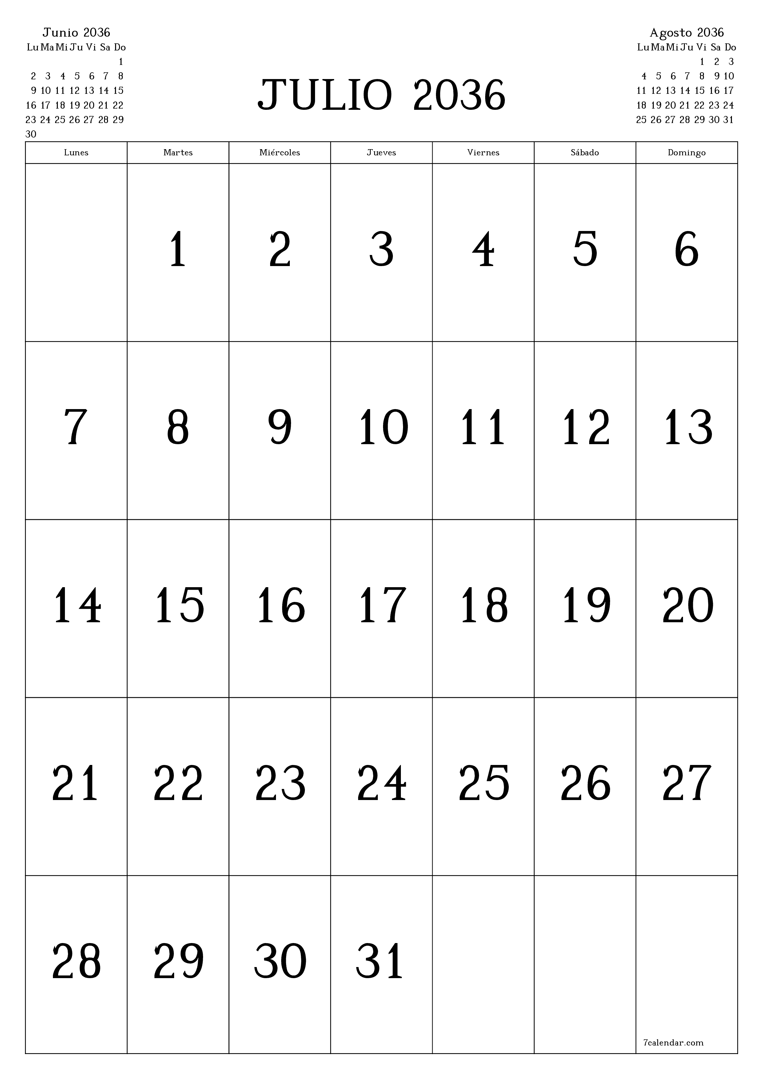  imprimible de pared plantilla de gratisvertical Mensual calendario Julio (Jul) 2036