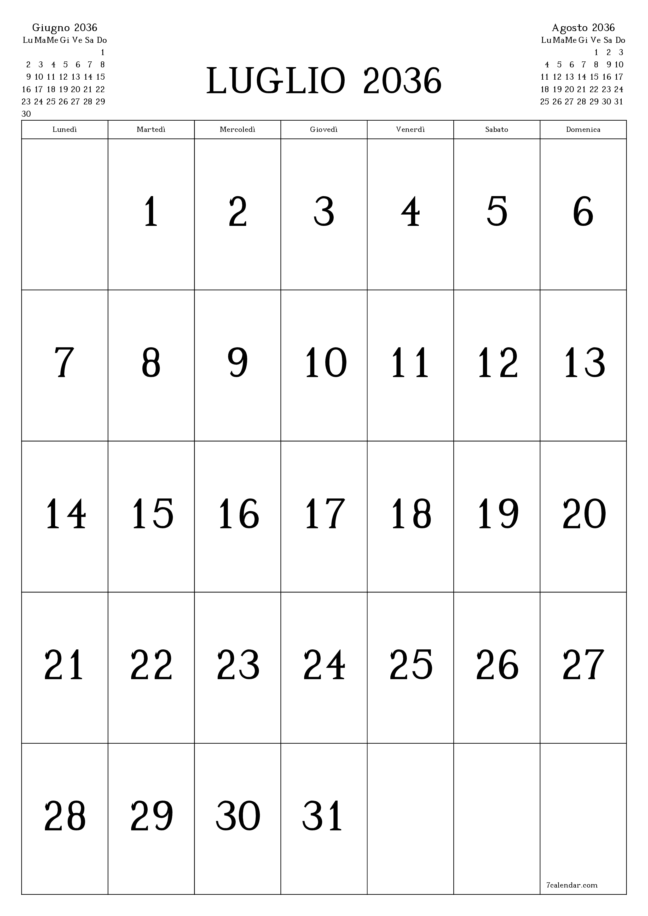  stampabile da parete modello di gratuitoverticale Mensile calendario Luglio (Lug) 2036
