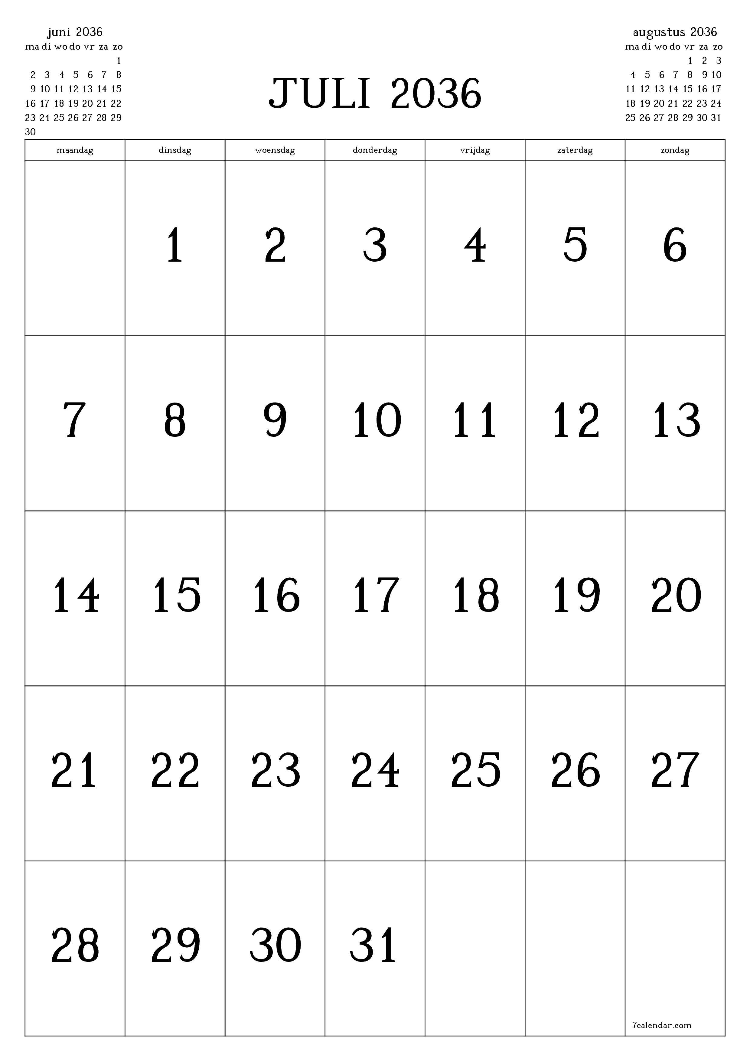 afdrukbare muur sjabloon gratis verticaal Maandelijks kalender juli (jul) 2036
