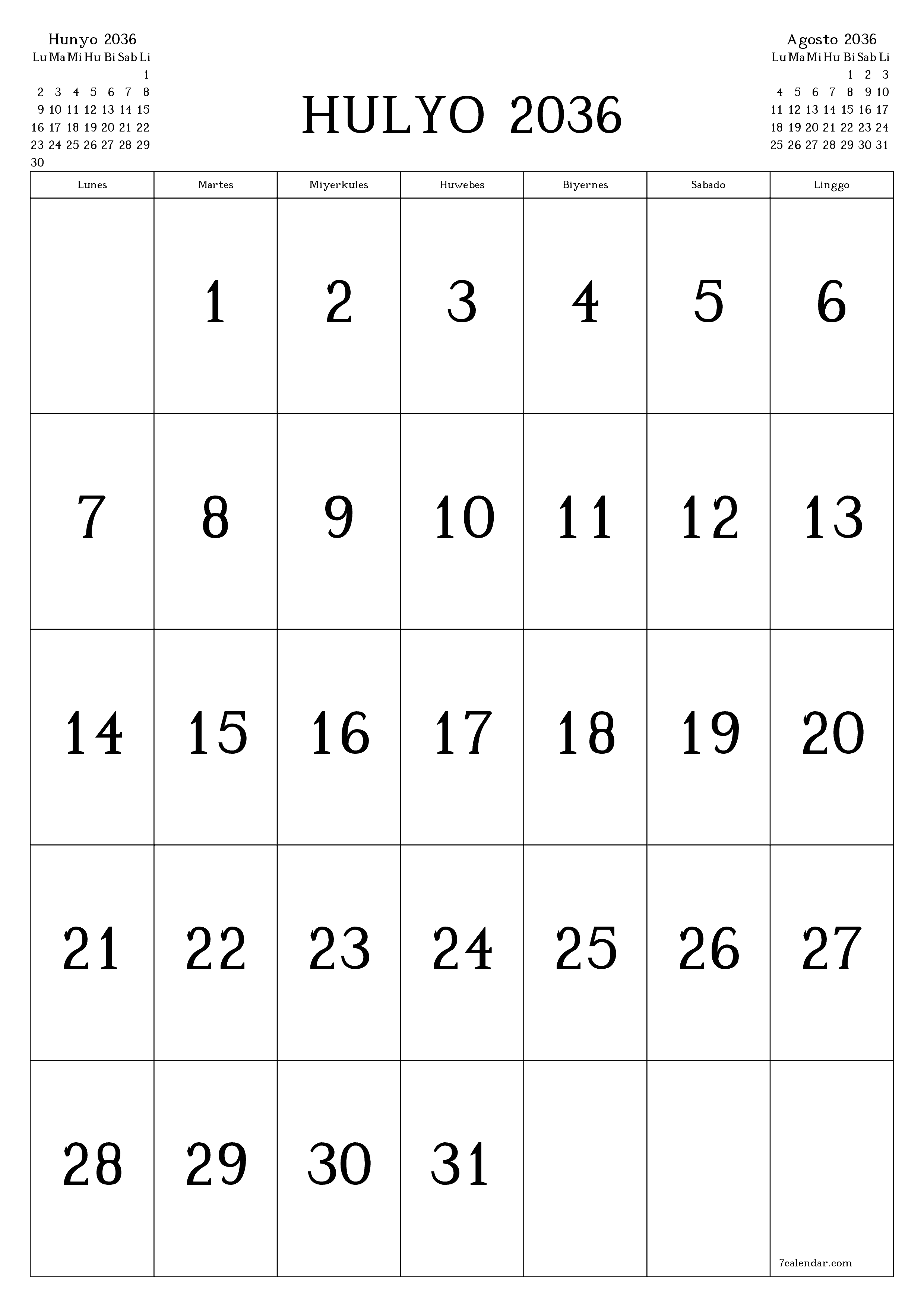 Walang laman na buwanang tagaplano para sa buwan na Hulyo 2036 na may mga tala, i-save at i-print sa PDF PNG Filipino