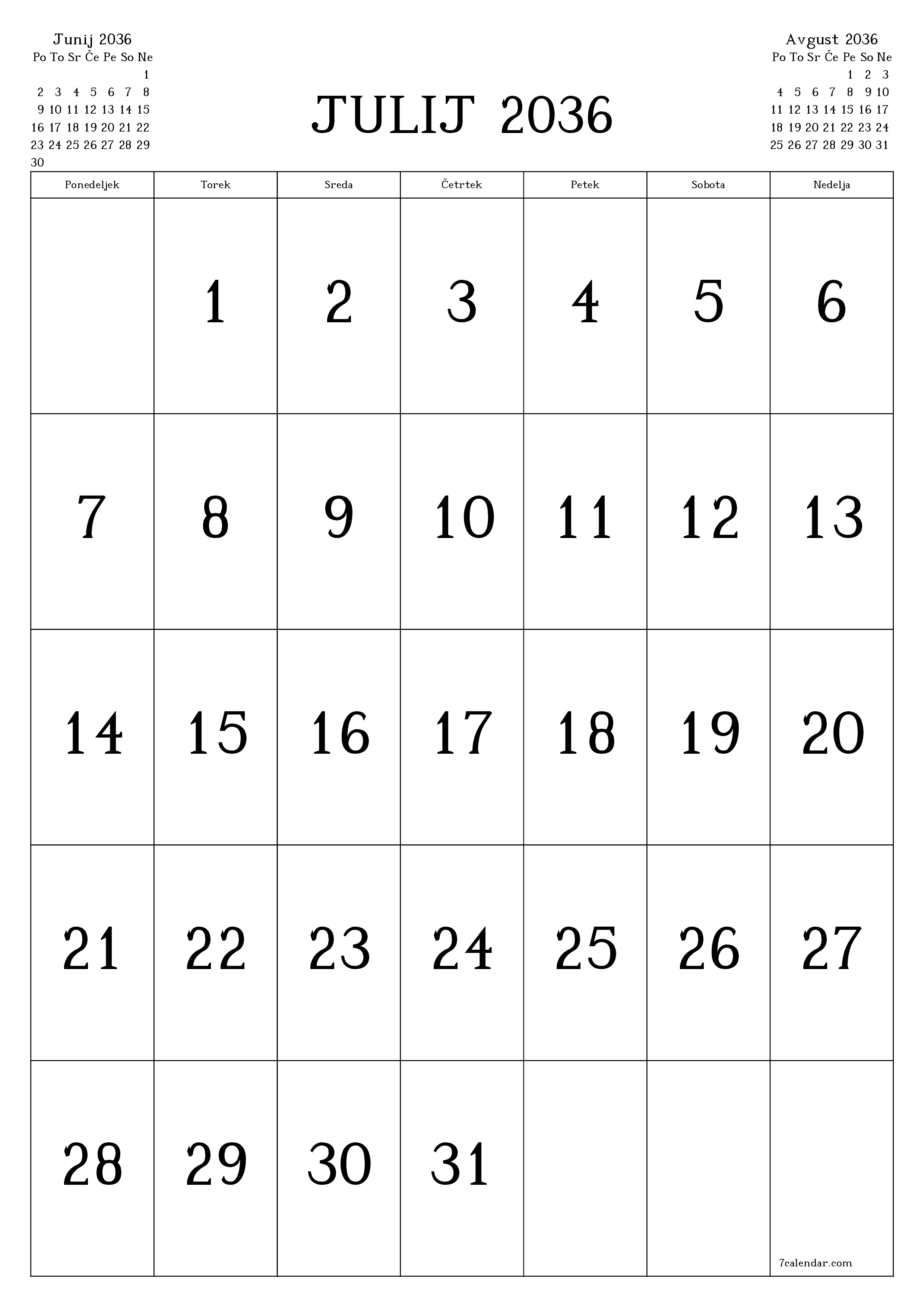 natisljiv stenski ska predloga brezplačni vertical Mesečno koledar Julij (Jul) 2036