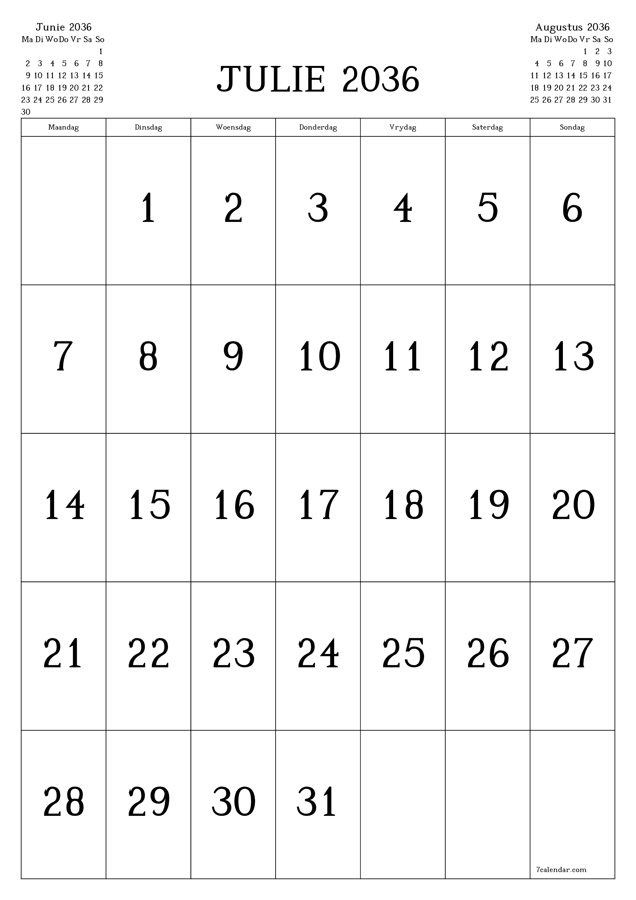 drukbare muur template gratis vertikaal Maandeliks kalender Julie (Jul) 2036