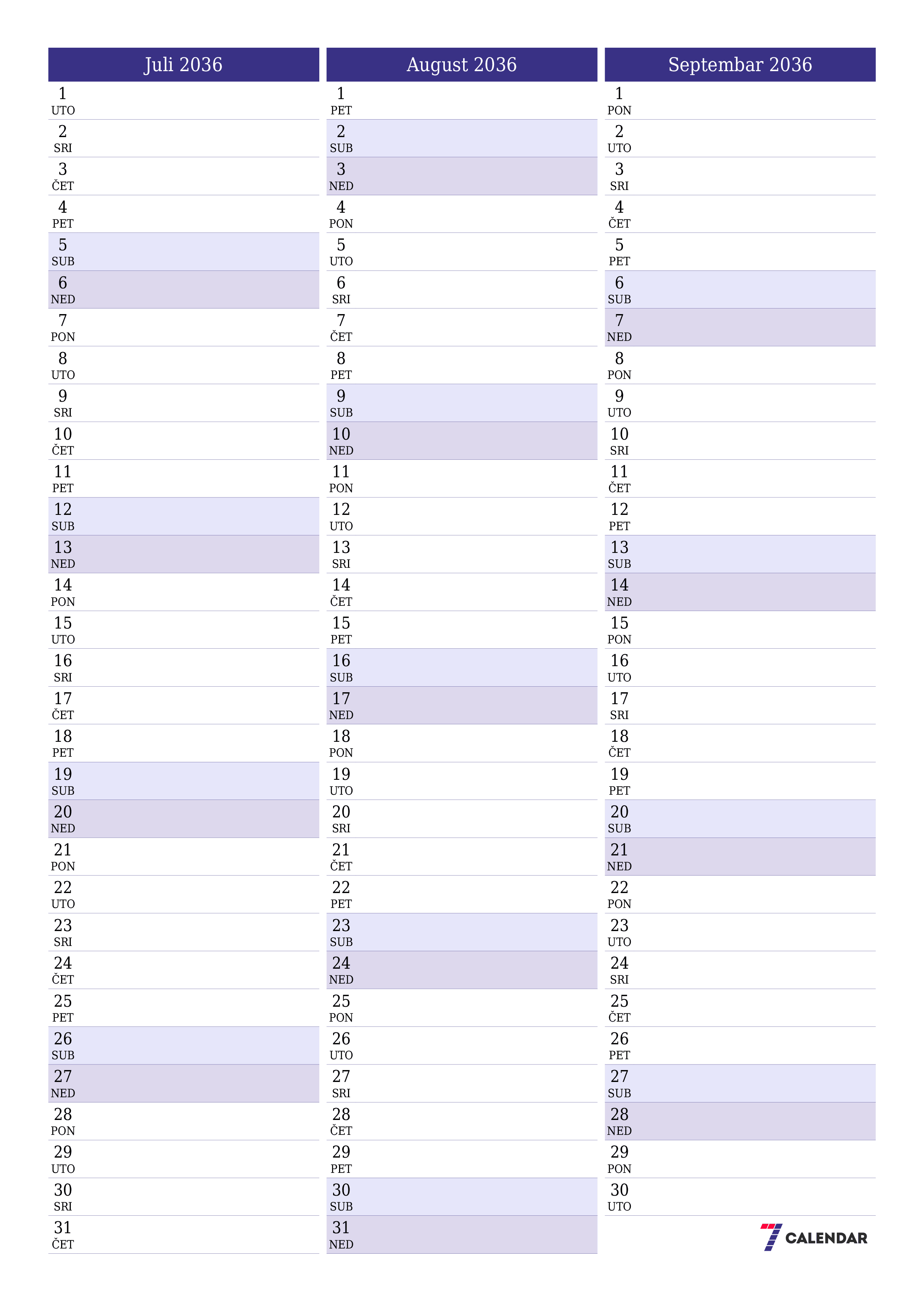  za štampanje zidni šablon a besplatni vertikalno Mjesečno planer kalendar Juli (Jul) 2036