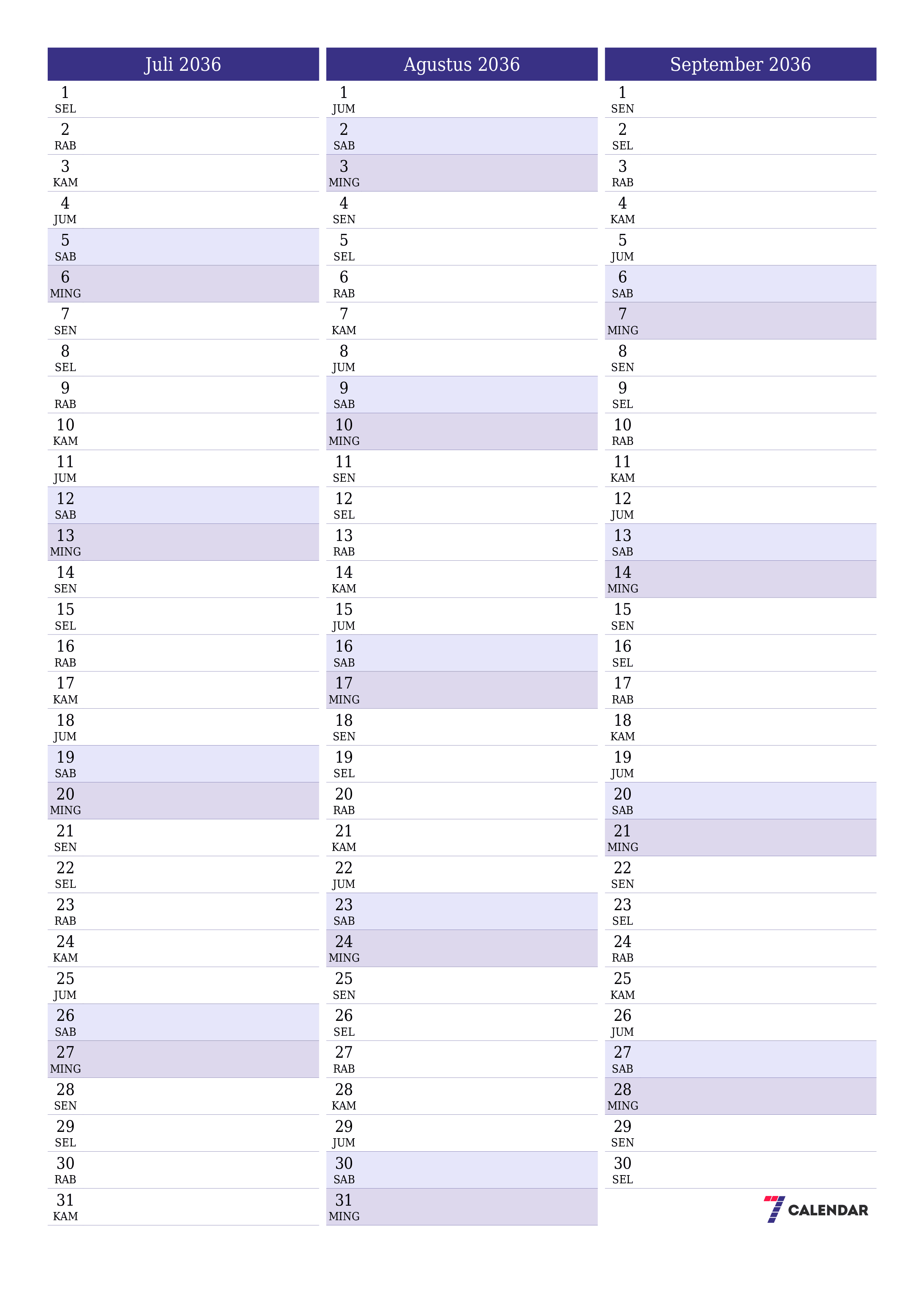  yang dapat dicetak dinding templat gratisvertikal Bulanan perencana kalender Juli (Jul) 2036
