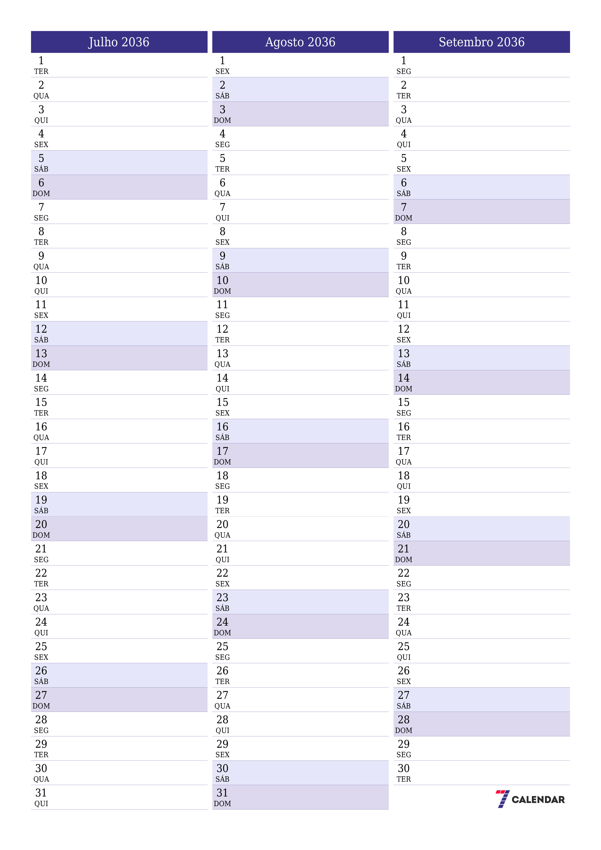  para impressão de parede modelo de grátisvertical Mensal planejador calendário Julho (Jul) 2036