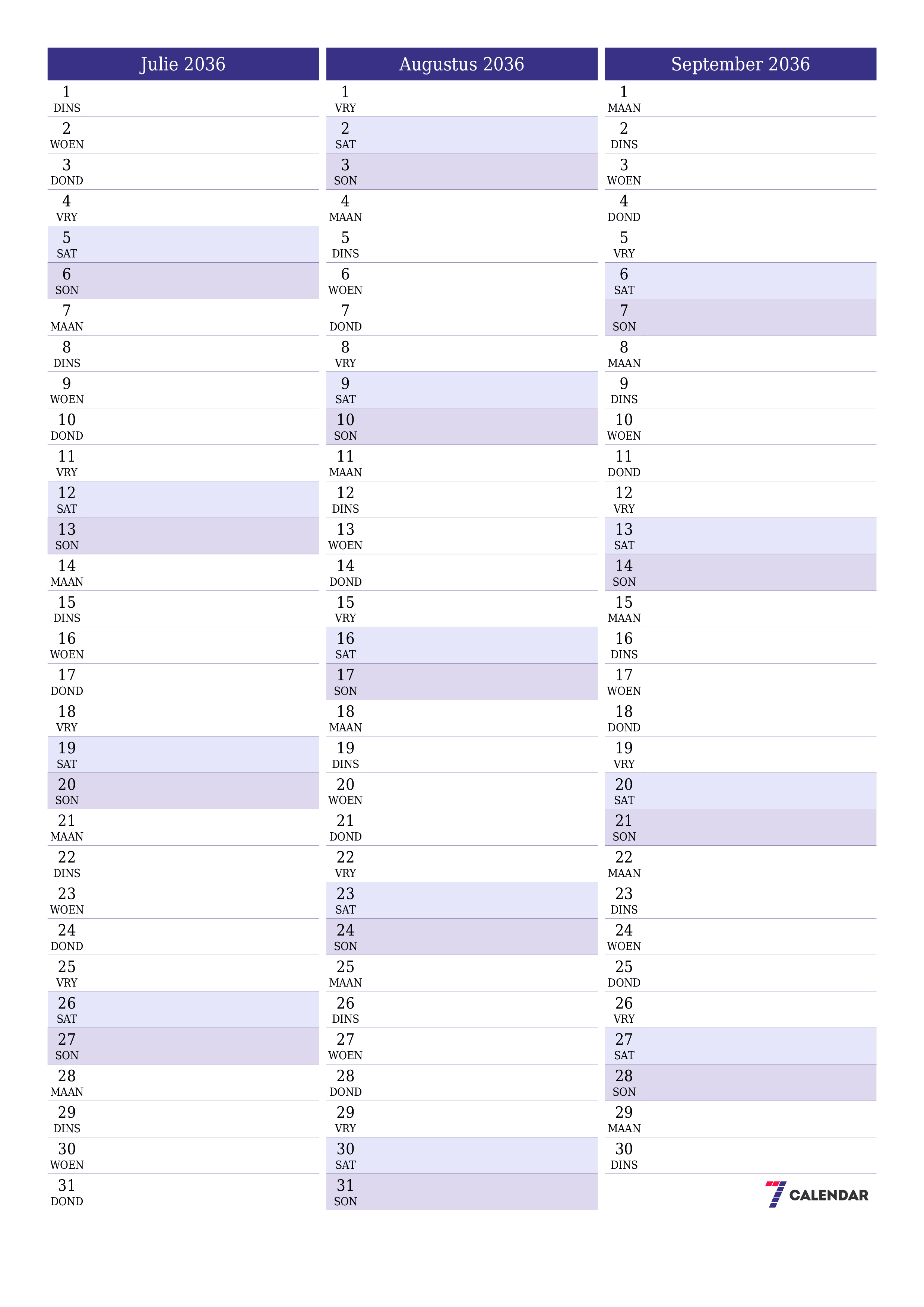 drukbare muur template gratis vertikaal Maandeliks beplanner kalender Julie (Jul) 2036