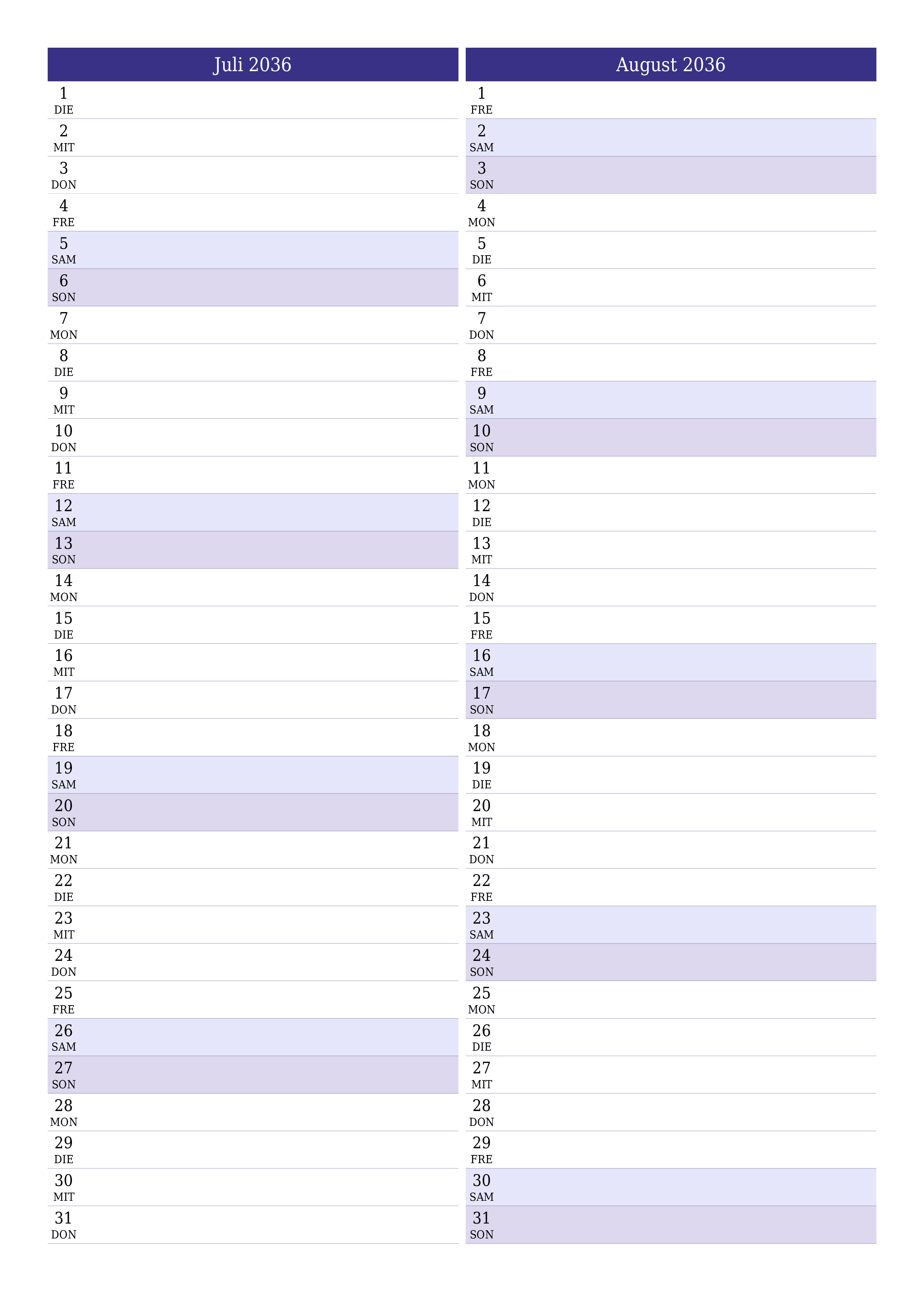  zum Ausdrucken Wandkalender vorlage kostenloser vertikal Monatlich Planer Kalender Juli (Jul) 2036
