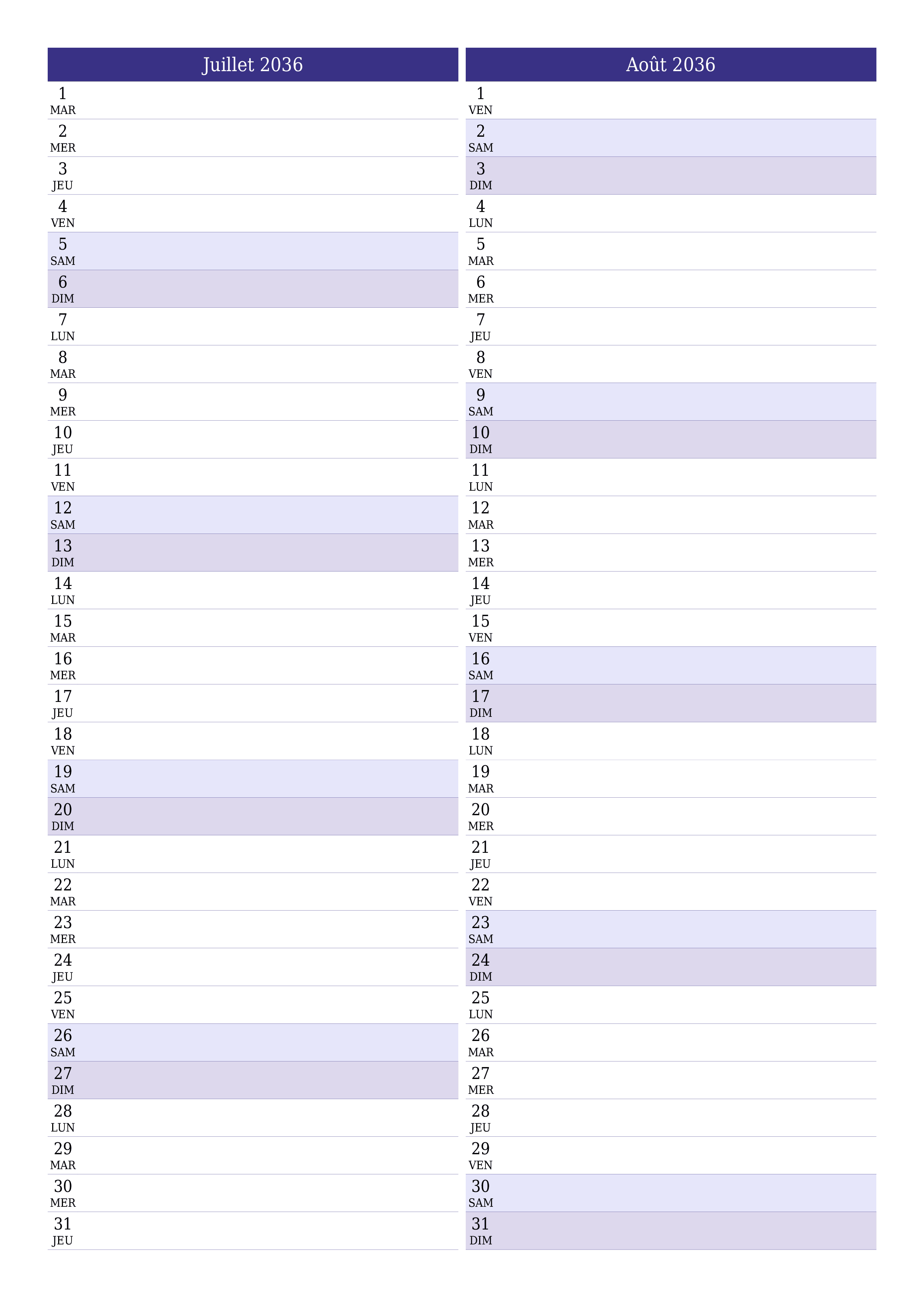  imprimable mural modèle de gratuitverticale Mensuel planificateur calendrier Juillet (Jul) 2036