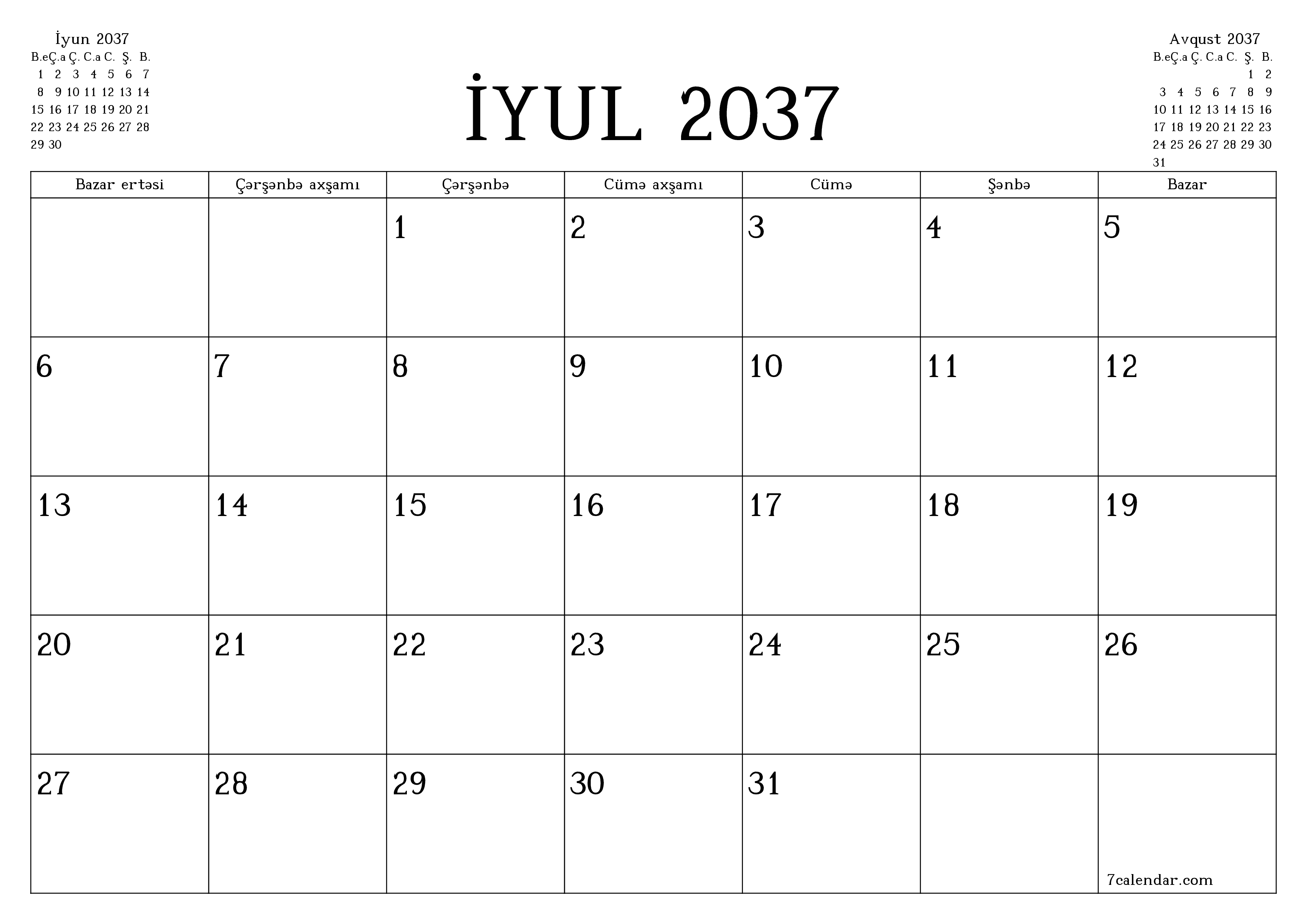 İyul 2037 ayı üçün qeydlər ilə boş aylıq planlayıcı, qeyd edin və PDF-ə yazdırın PNG Azerbaijani