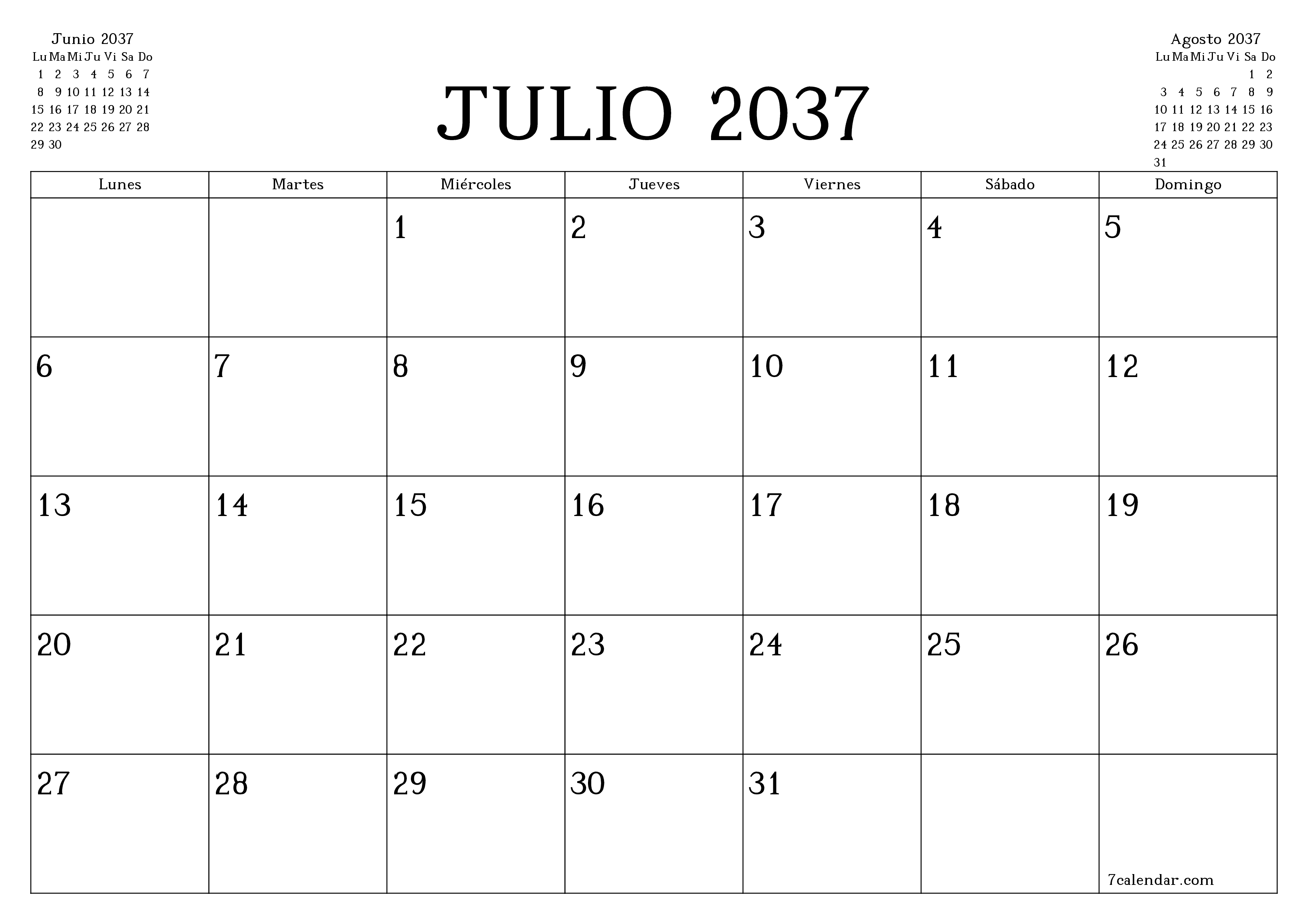 Planificador mensual vacío para el mes Julio 2037 con notas, guardar e imprimir en PDF PNG Spanish
