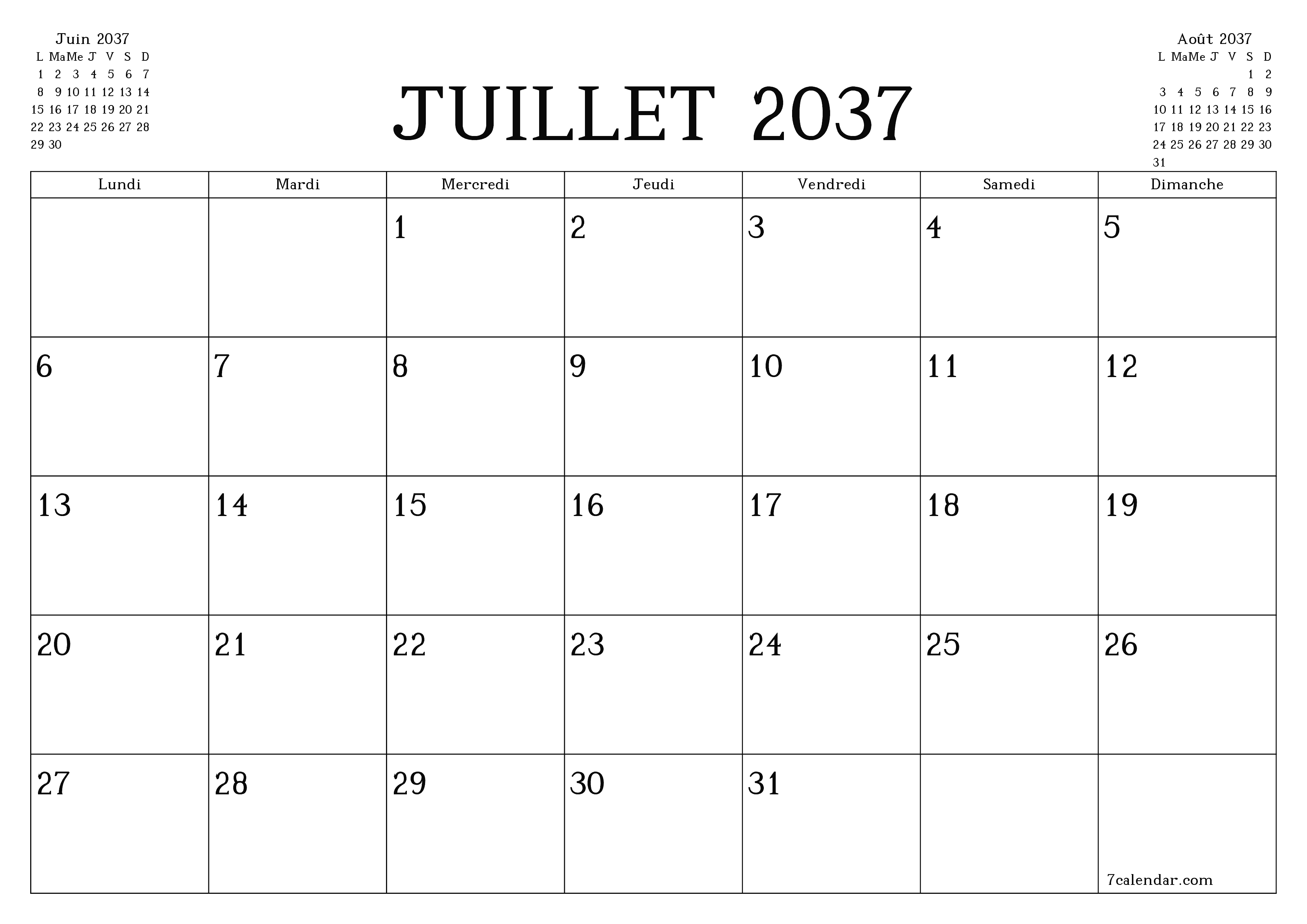 Agenda mensuel vide pour le mois Juillet 2037 avec notes, enregistrez et imprimez au format PDF PNG French