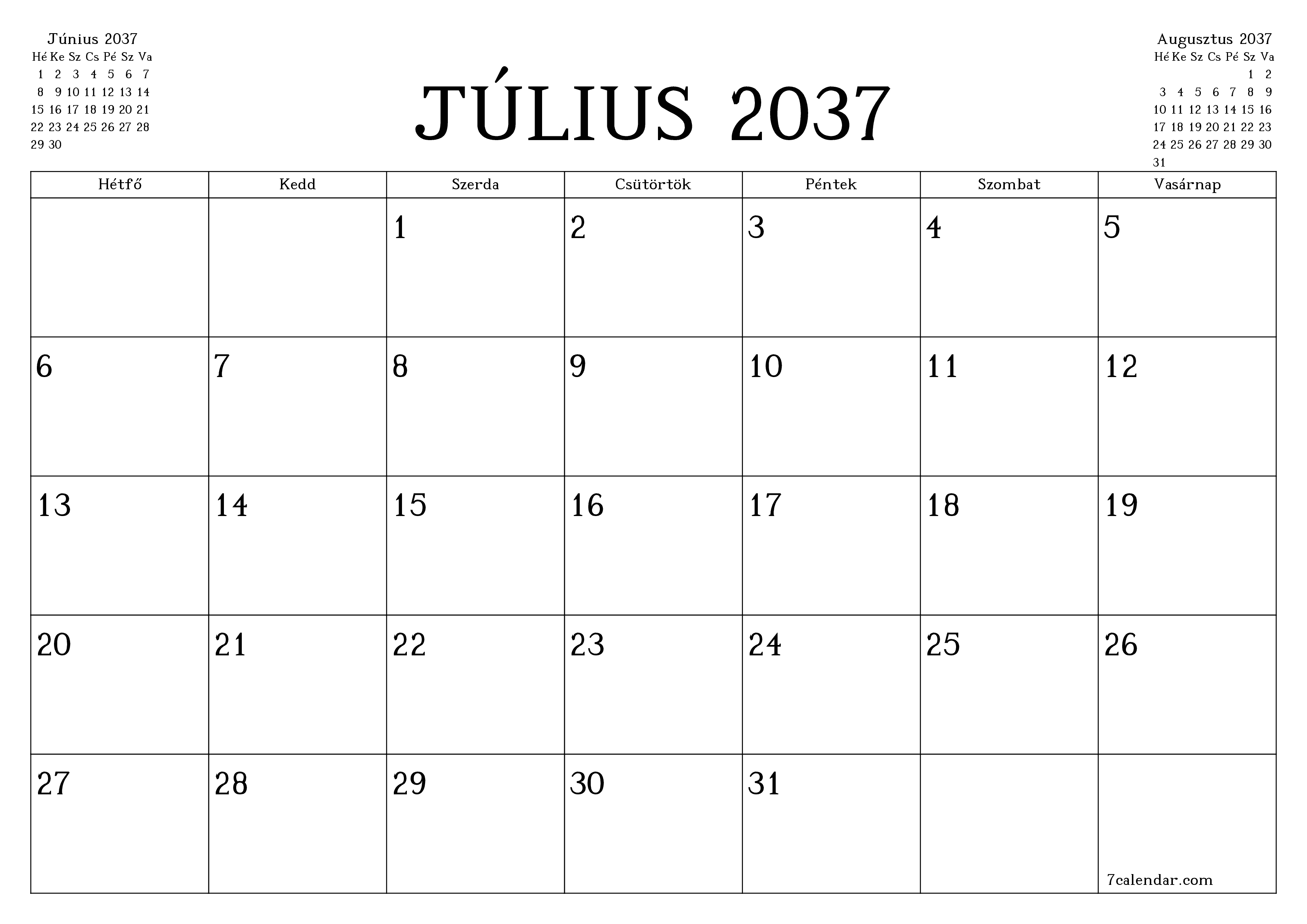Üres havi tervező a Július 2037 hónapra jegyzetekkel, mentés és nyomtatás PDF-be PNG Hungarian