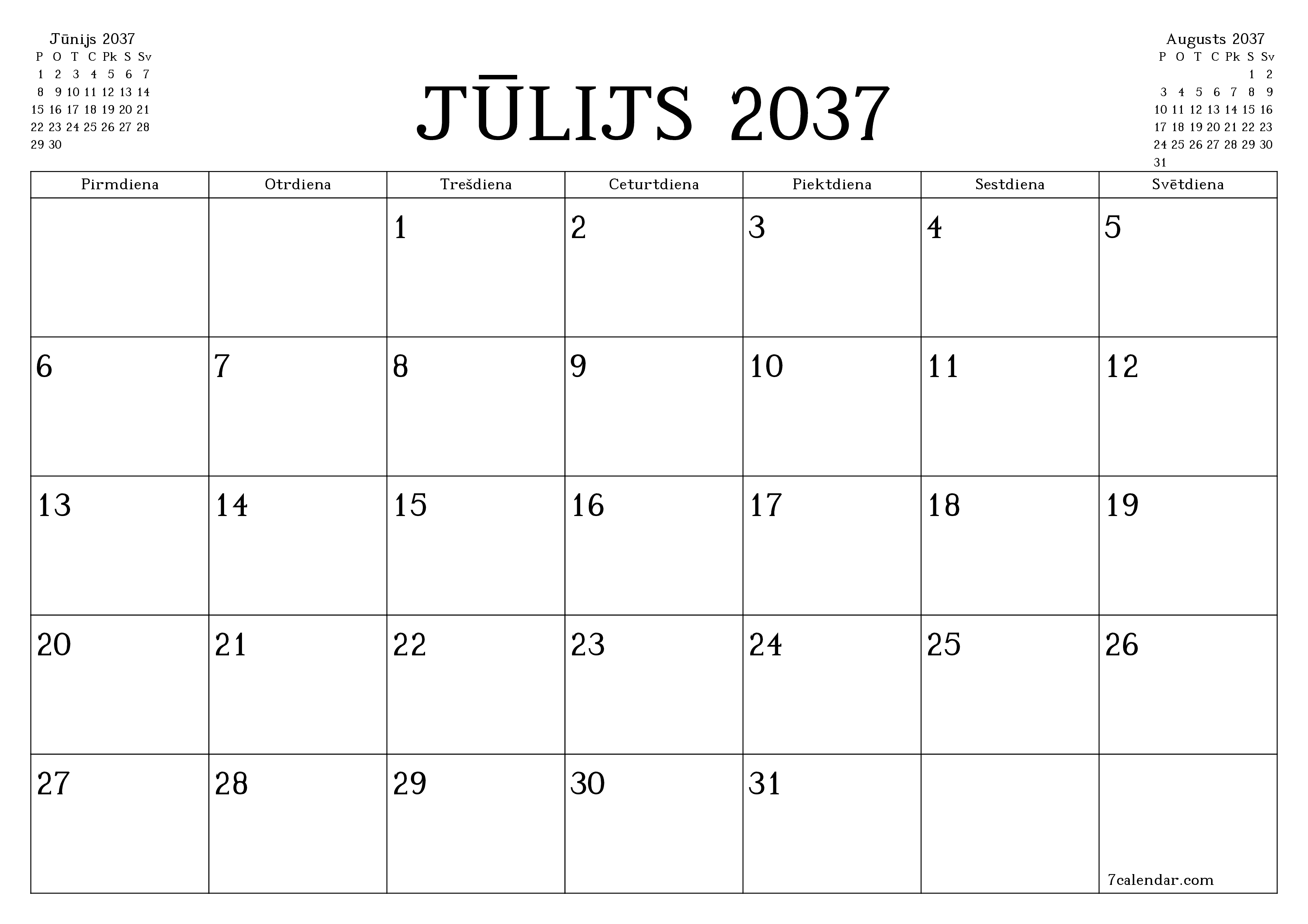 Iztukšot mēneša plānotāju mēnesim Jūlijs 2037 ar piezīmēm, saglabāt un izdrukāt PDF formātā PNG Latvian