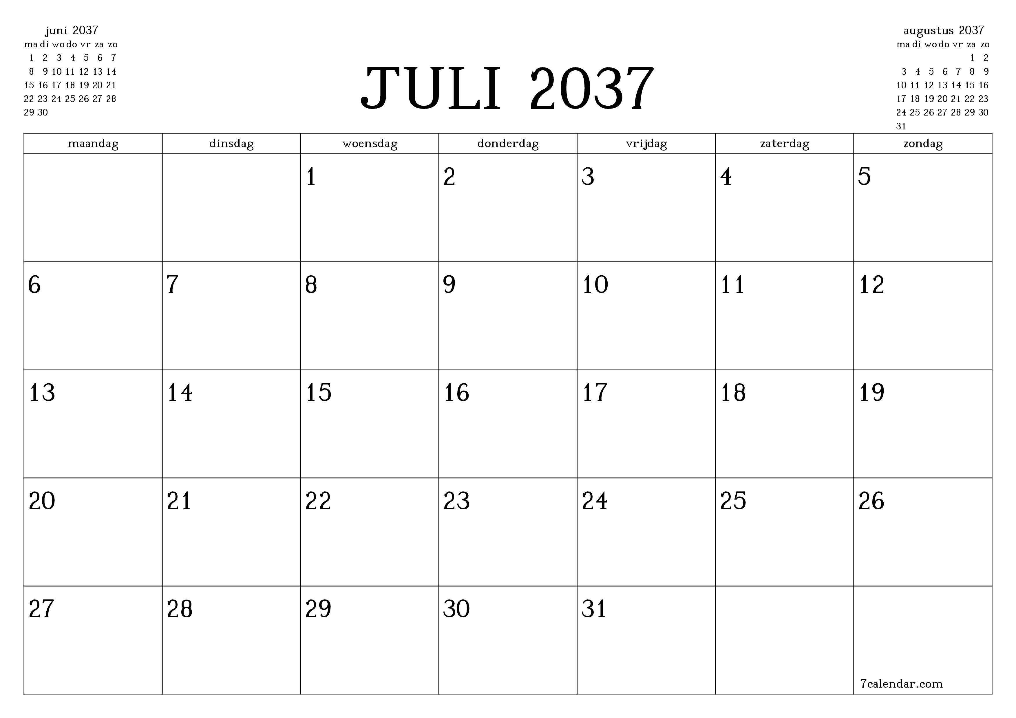 Lege maandplanner voor maand juli 2037 met notities, opslaan en afdrukken naar pdf PNG Dutch