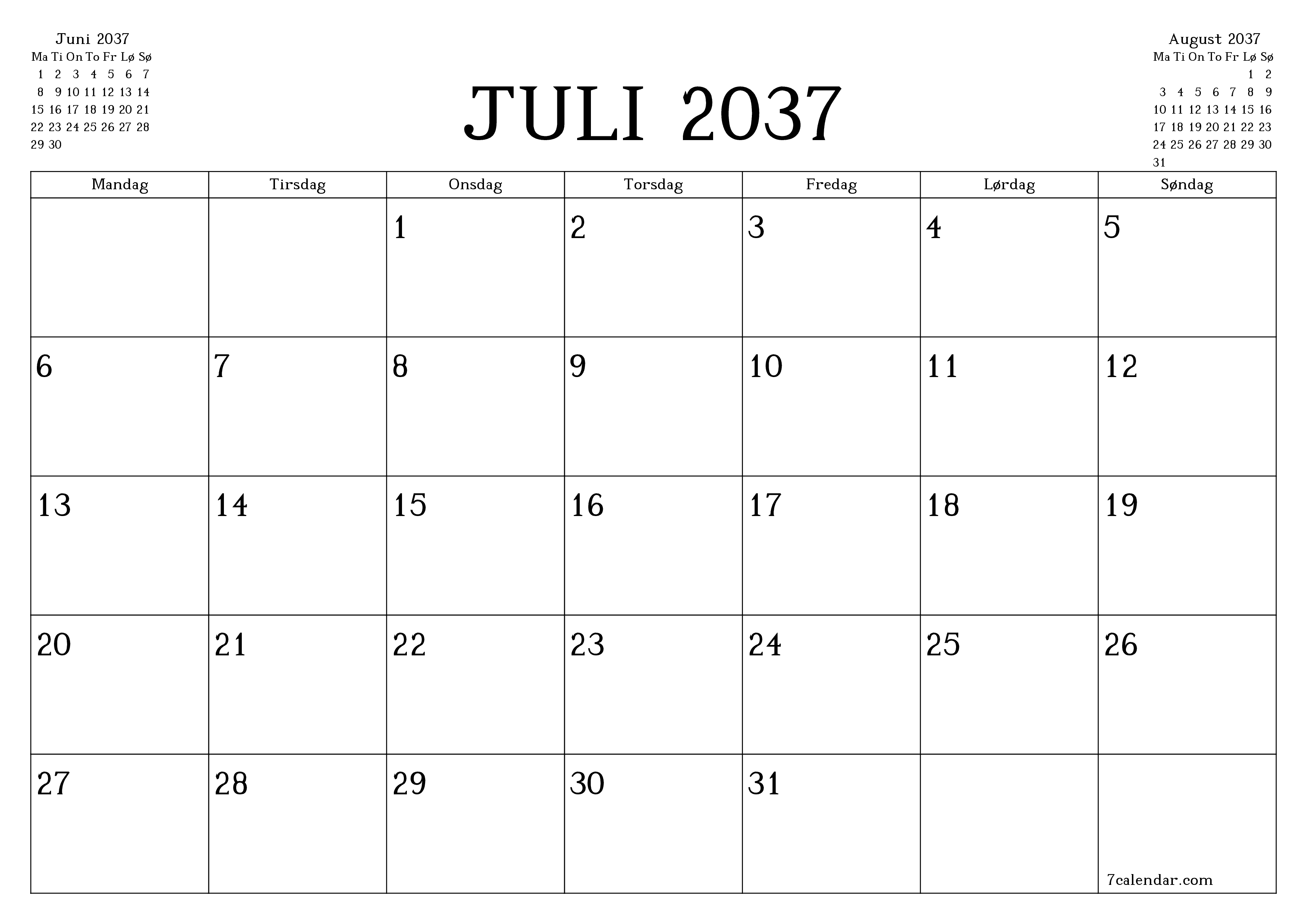 Tom månedlig planlegger for måned Juli 2037 med notater, lagre og skriv ut til PDF PNG Norwegian