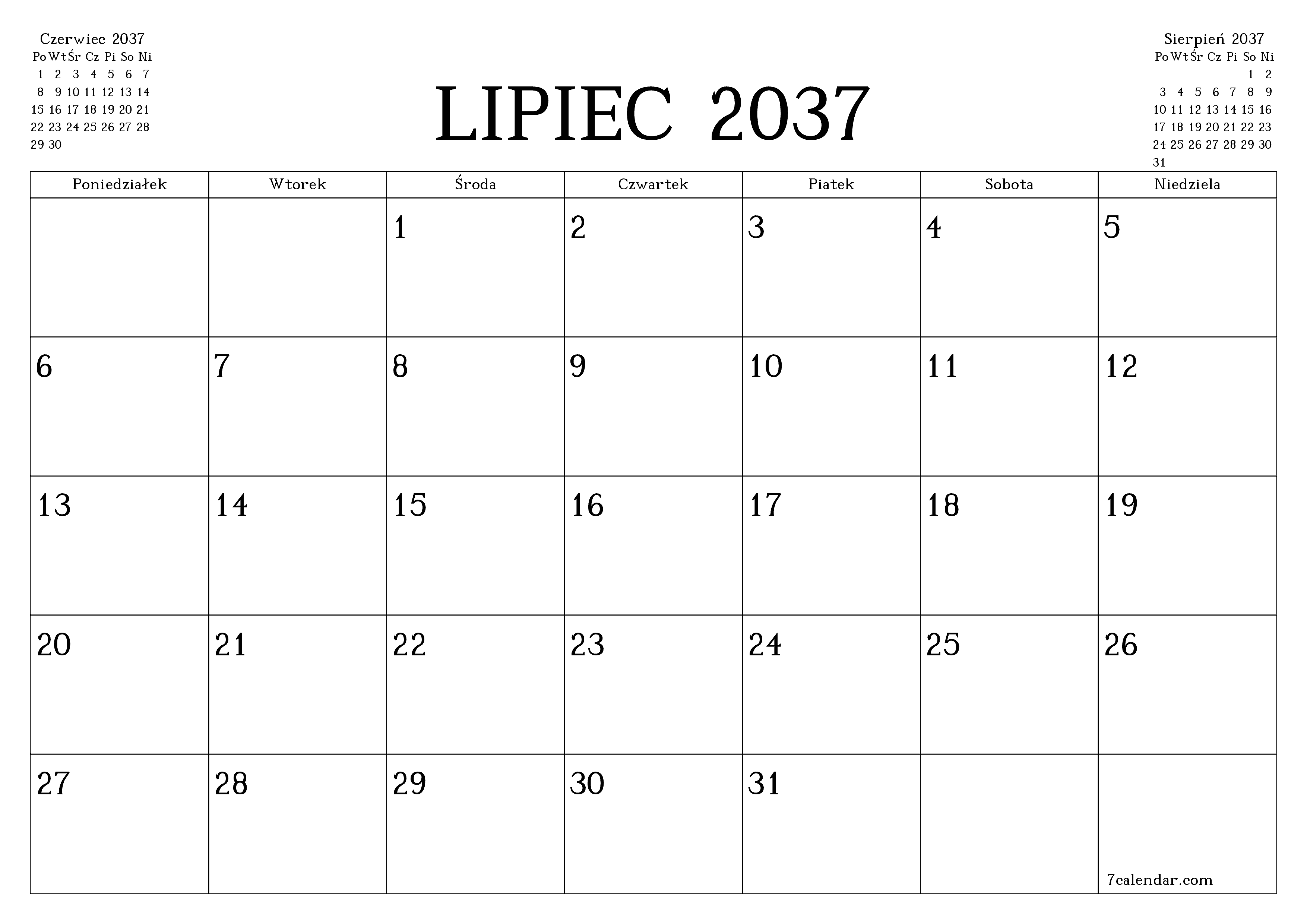 Opróżnij miesięczny planer na miesiąc Lipiec 2037 z notatkami, zapisz i wydrukuj w formacie PDF PNG Polish