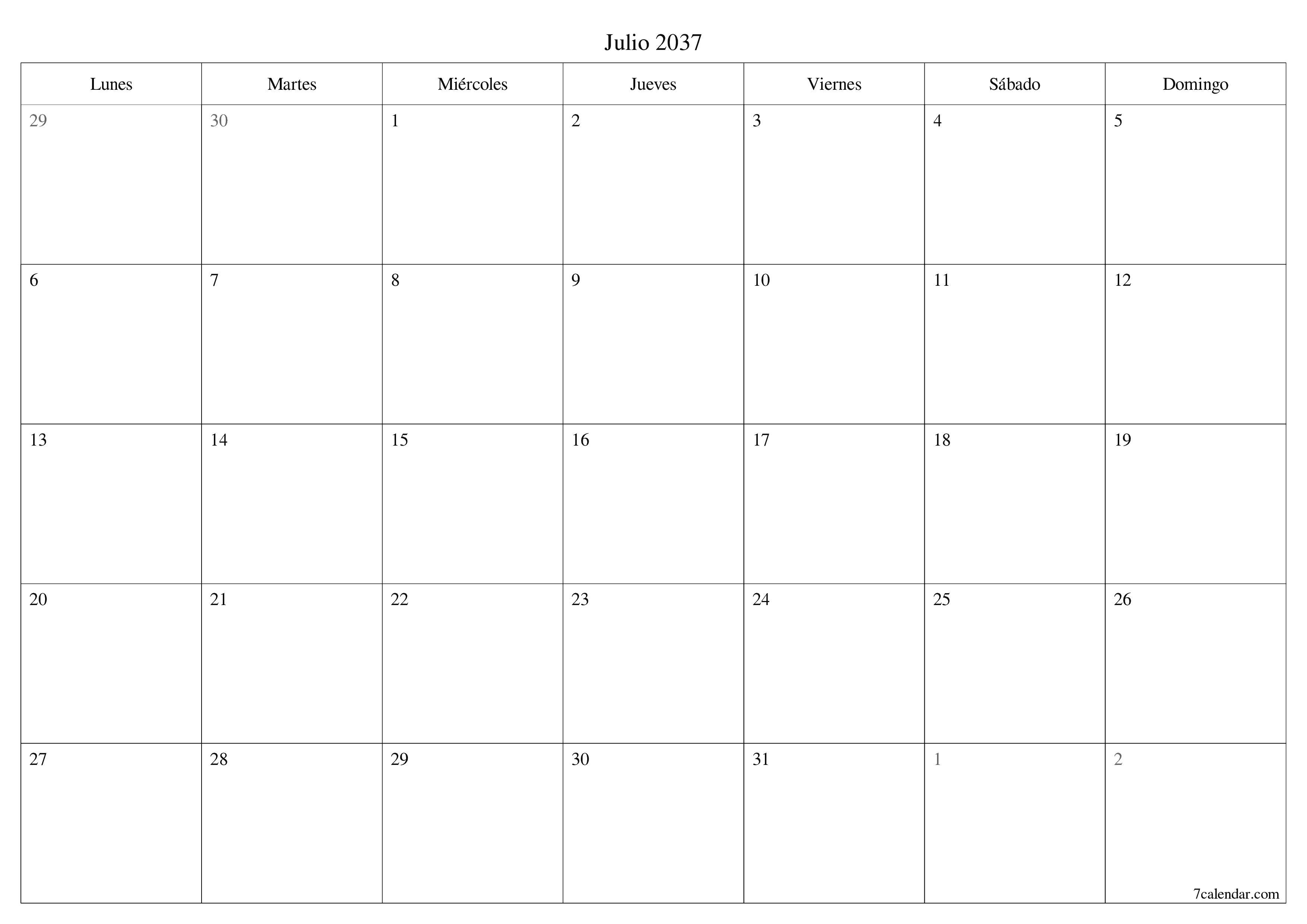 Planificador mensual vacío para el mes Julio 2037 con notas, guardar e imprimir en PDF PNG Spanish