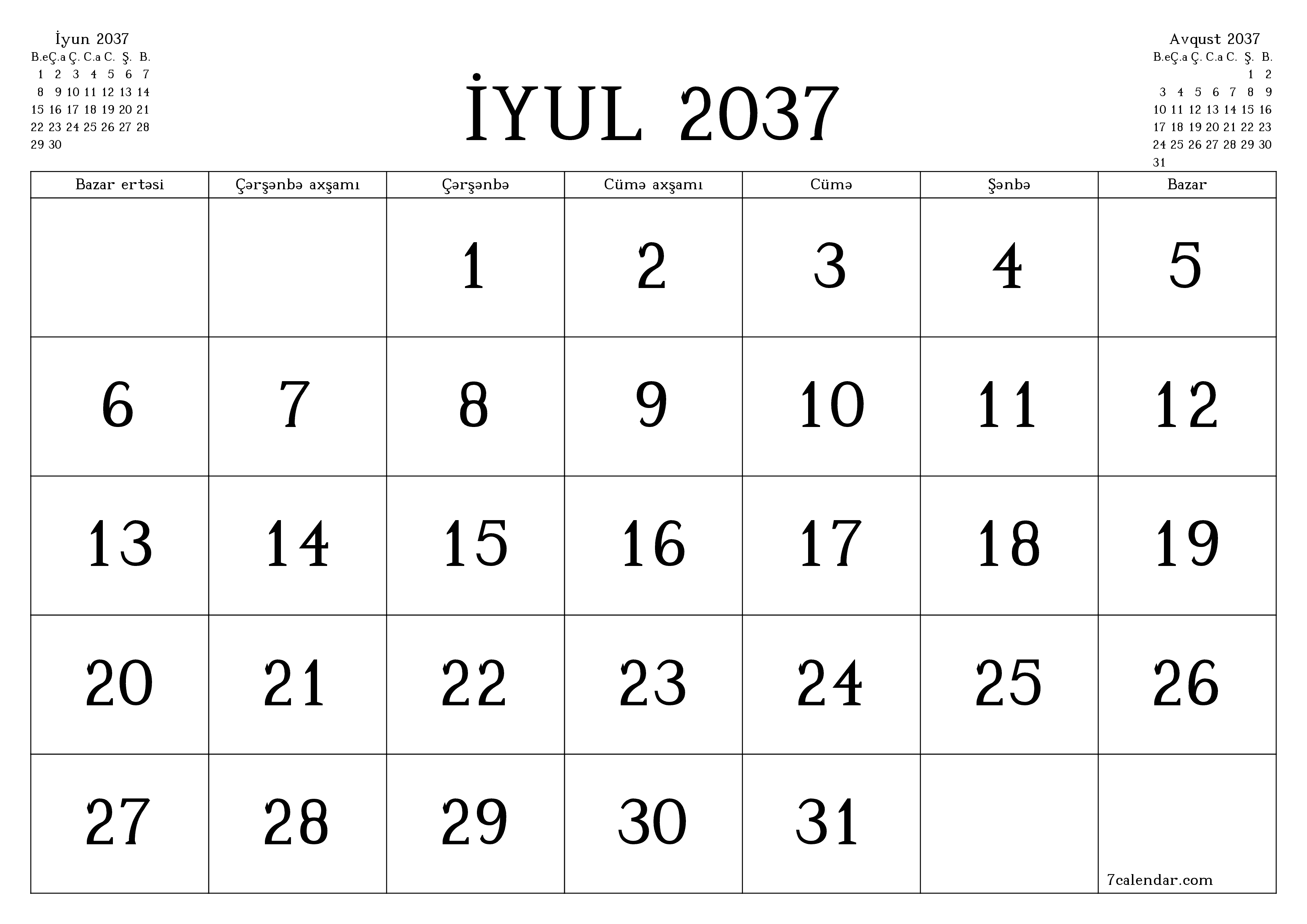 İyul 2037 ayı üçün qeydlər ilə boş aylıq planlayıcı, qeyd edin və PDF-ə yazdırın PNG Azerbaijani