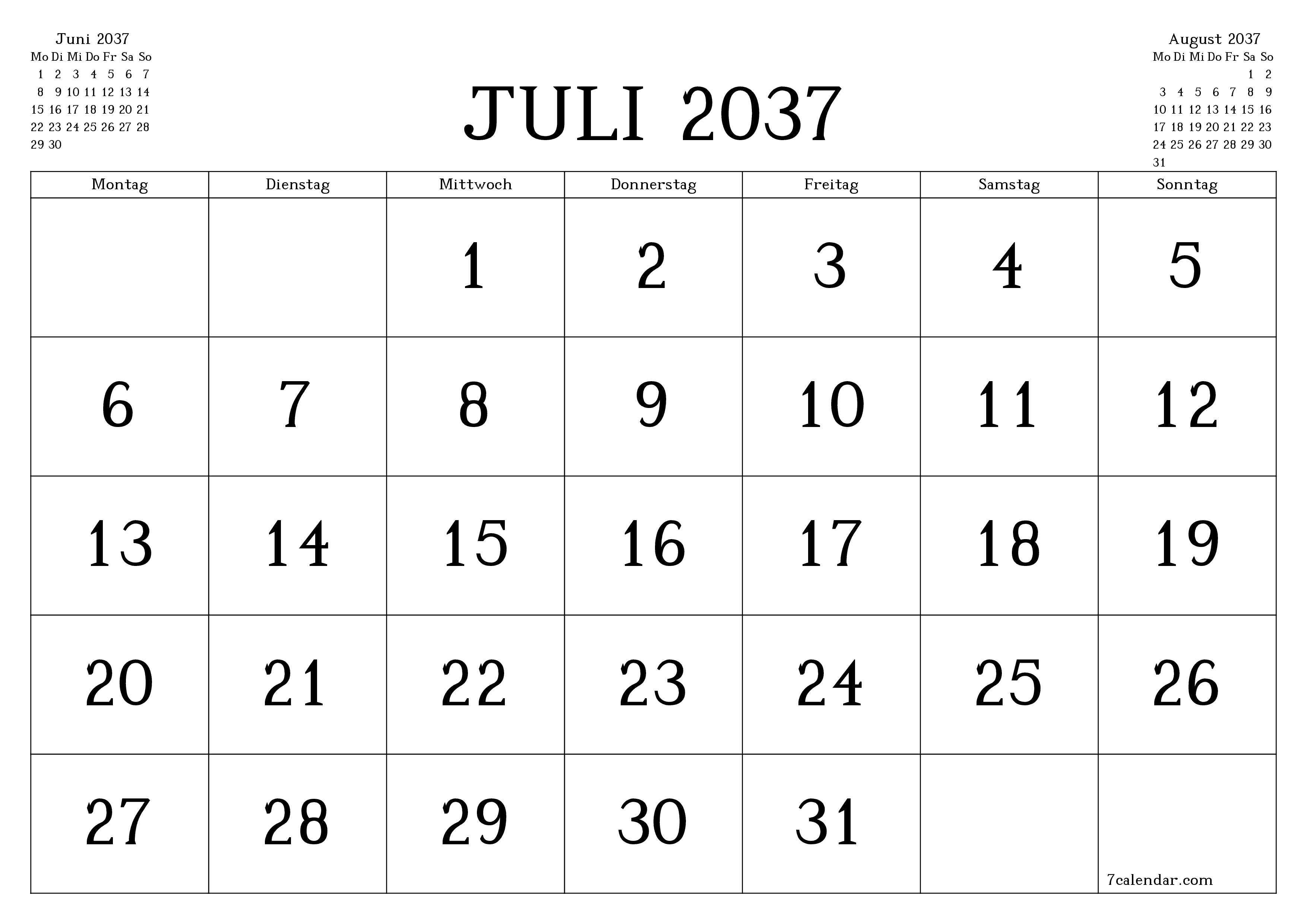 Monatsplaner für Monat Juli 2037 mit Notizen leeren, speichern und als PDF PNG German - 7calendar.com drucken