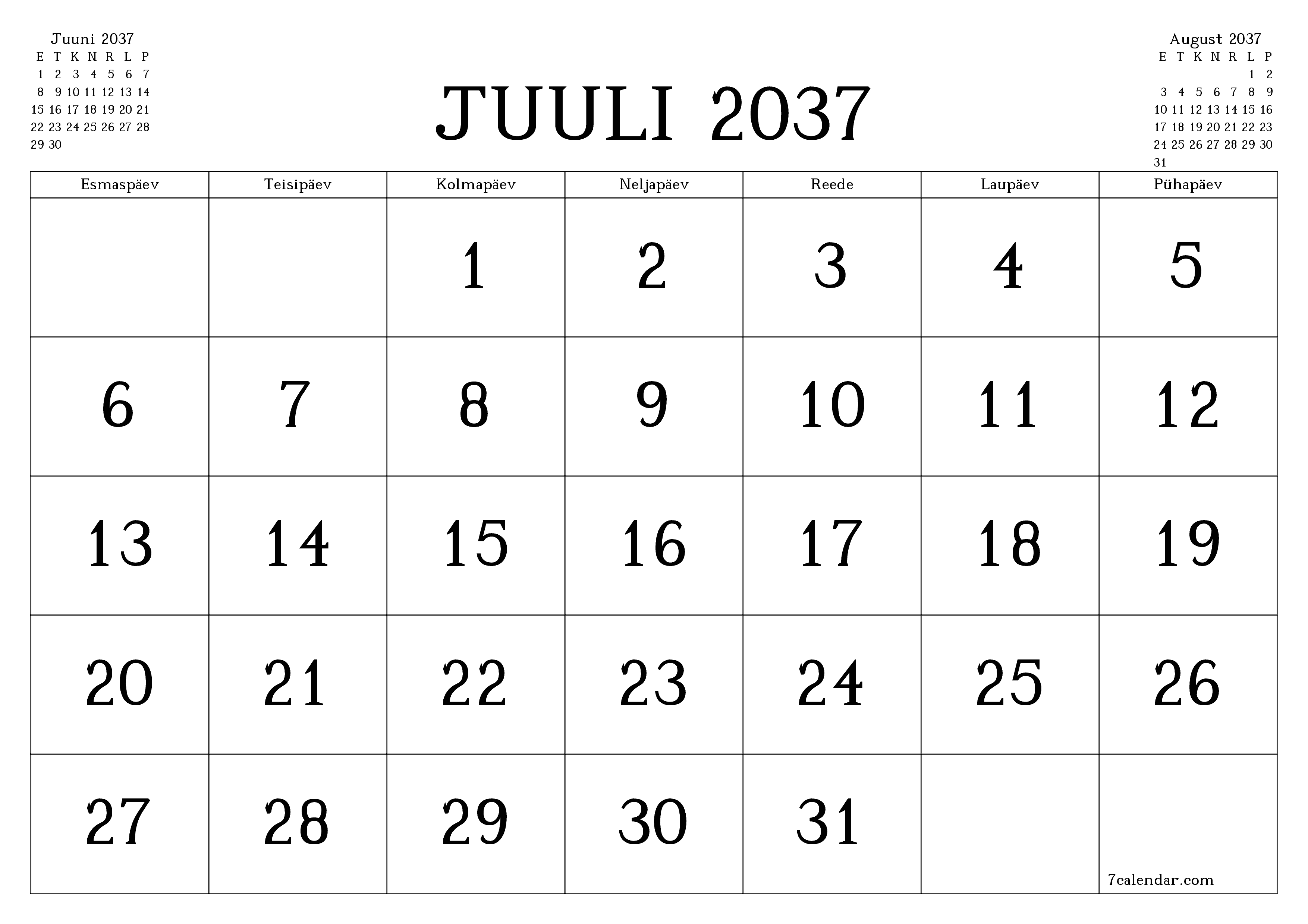 prinditav seina kalendri mall tasuta horisontaalne Igakuine kalender Juuli (Juuli) 2037