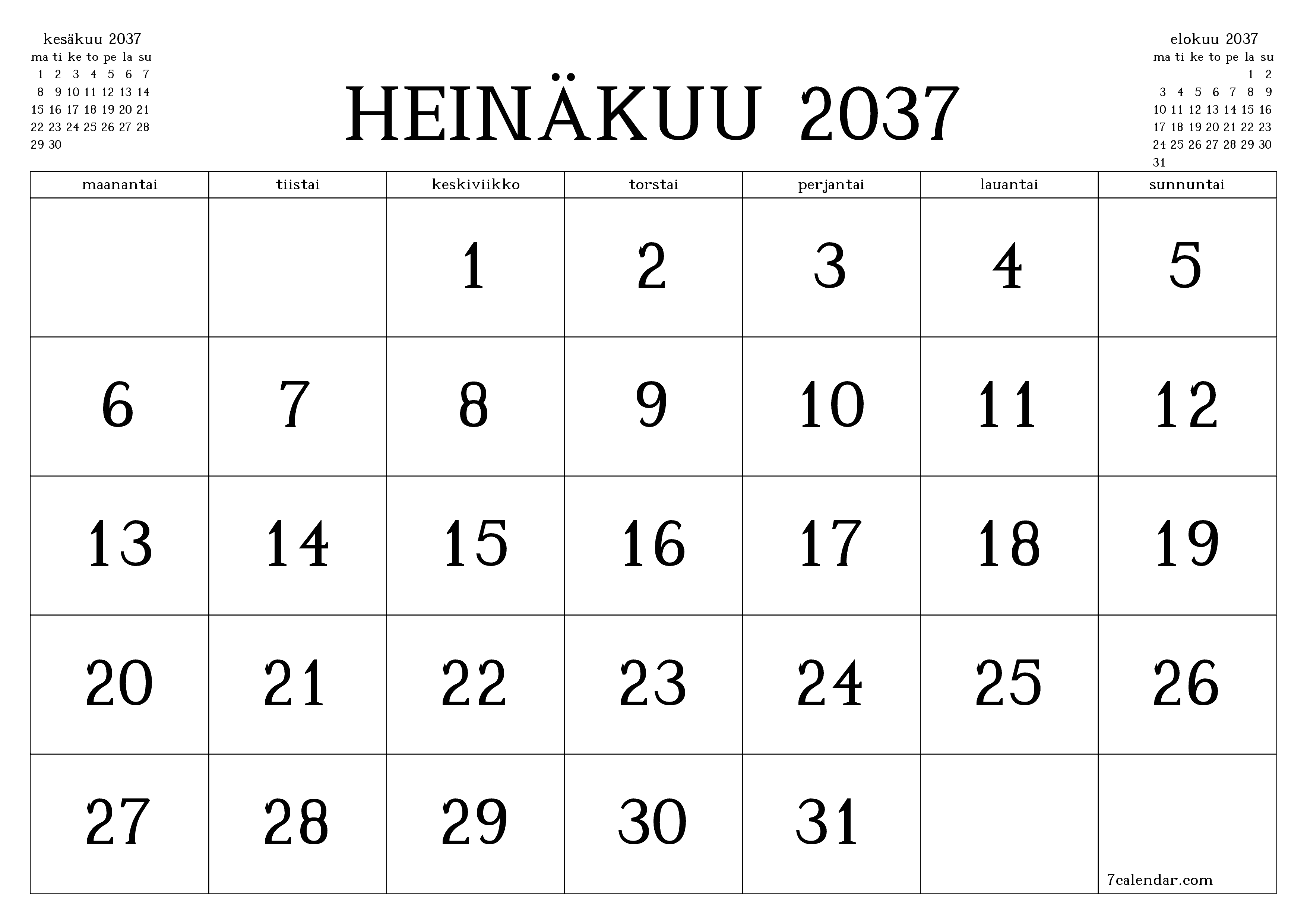Tyhjennä kuukausittainen suunnittelija kuukaudelle Heinäkuu 2037 muistiinpanoilla, tallenna ja tulosta PDF-muotoon PNG Finnish