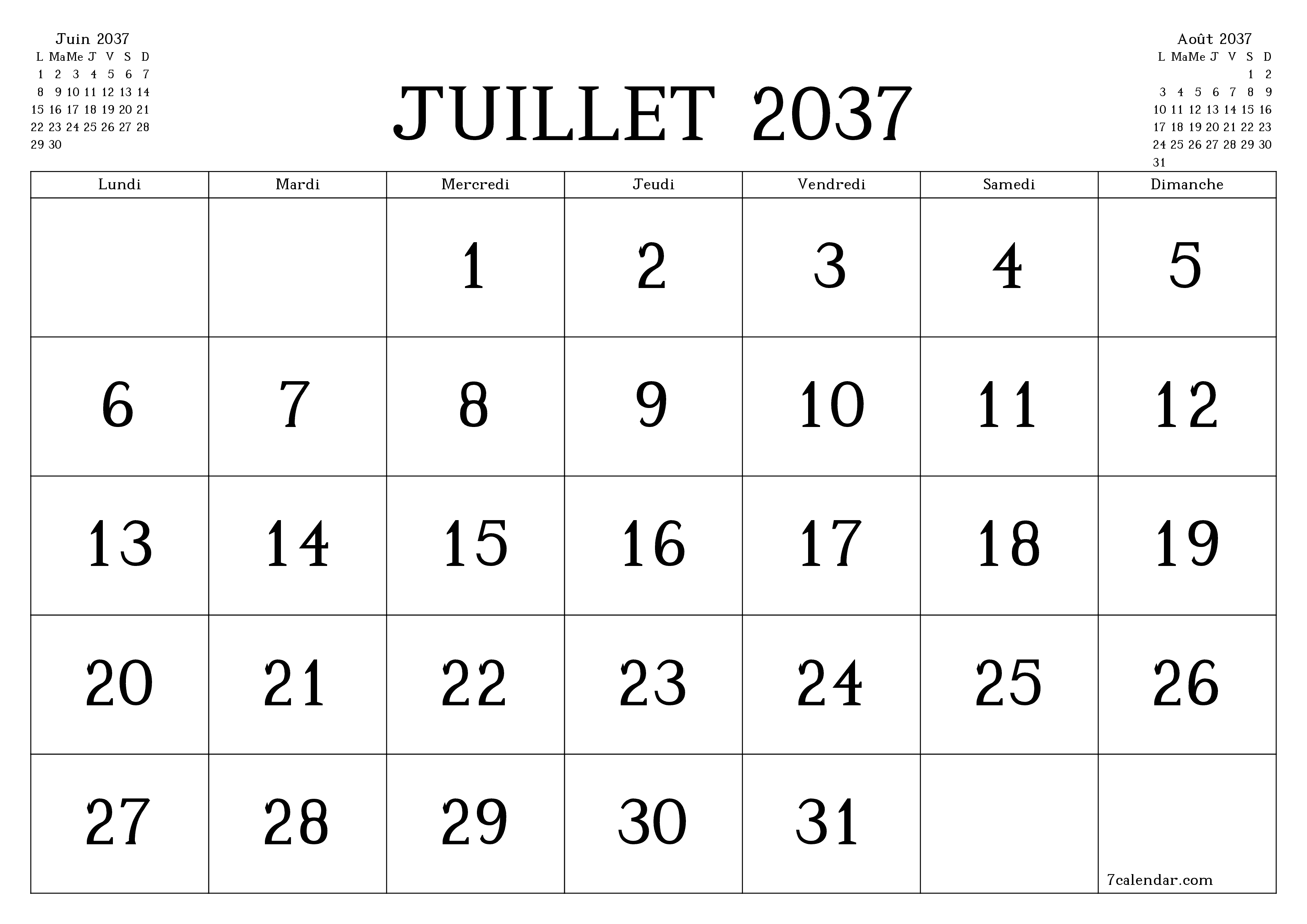 Agenda mensuel vide pour le mois Juillet 2037 avec notes, enregistrez et imprimez au format PDF PNG French
