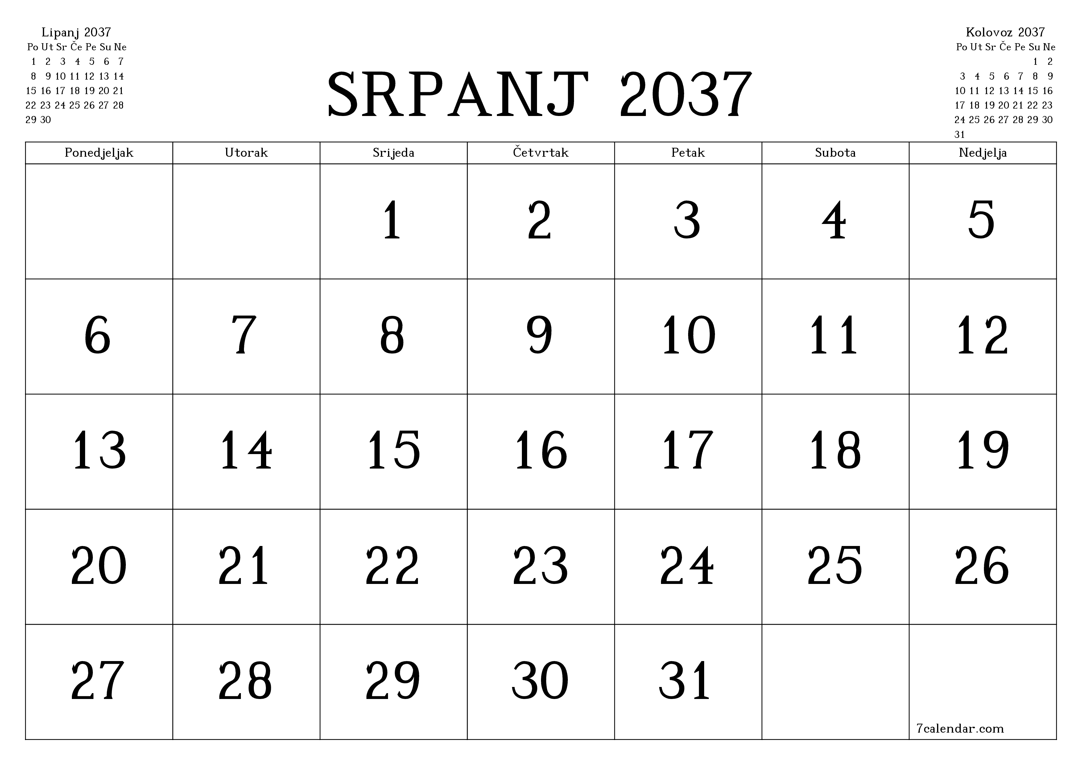 Ispraznite mjesečni planer za mjesec Srpanj 2037 s bilješkama, spremite i ispišite u PDF PNG Croatian