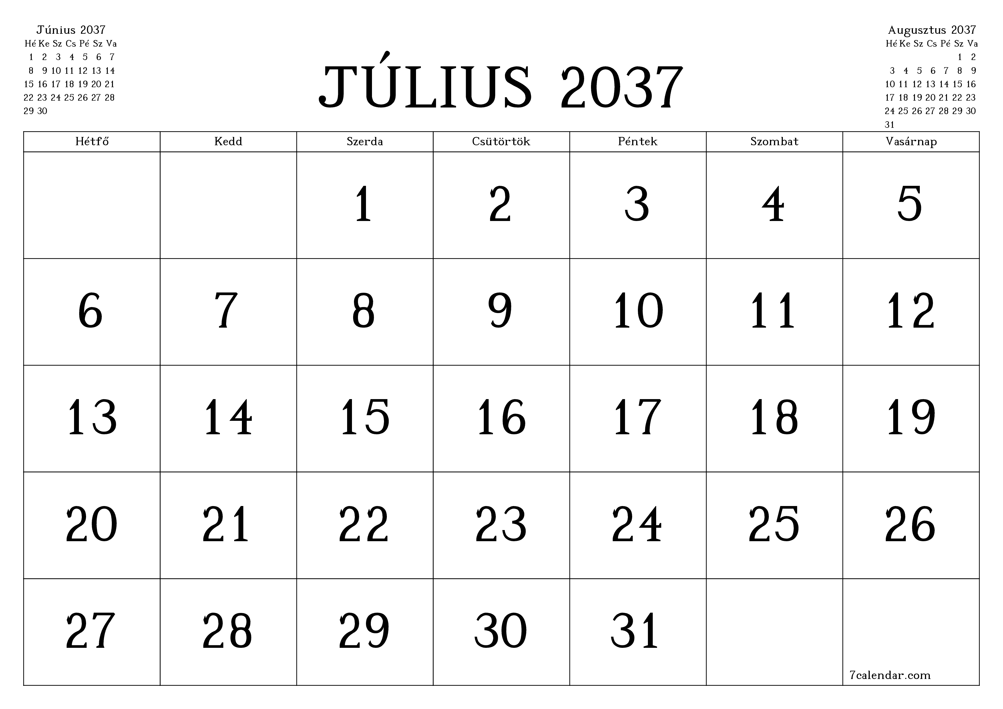 Üres havi tervező a Július 2037 hónapra jegyzetekkel, mentés és nyomtatás PDF-be PNG Hungarian