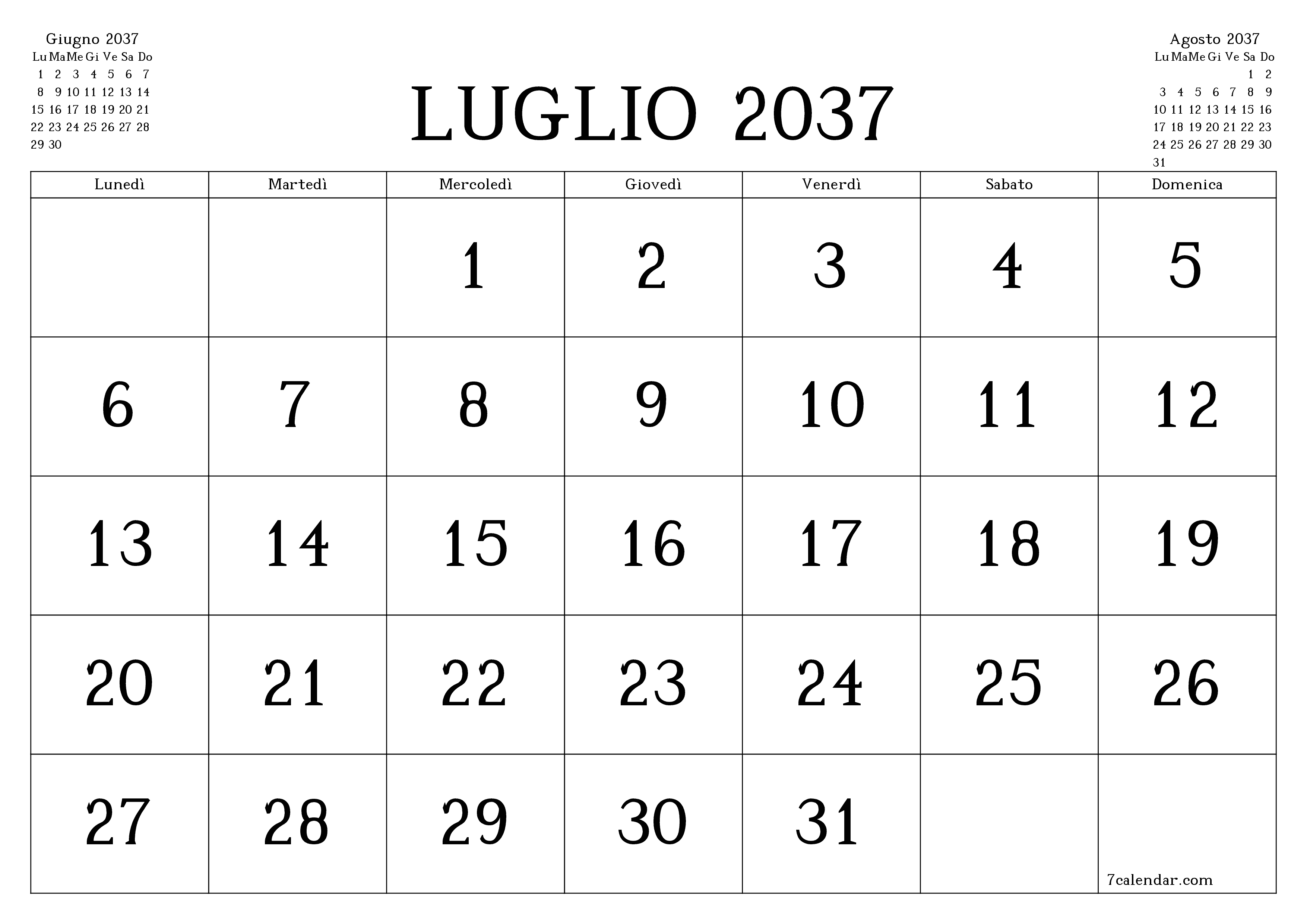 Pianificatore mensile vuoto per il mese Luglio 2037 con note, salva e stampa in PDF PNG Italian
