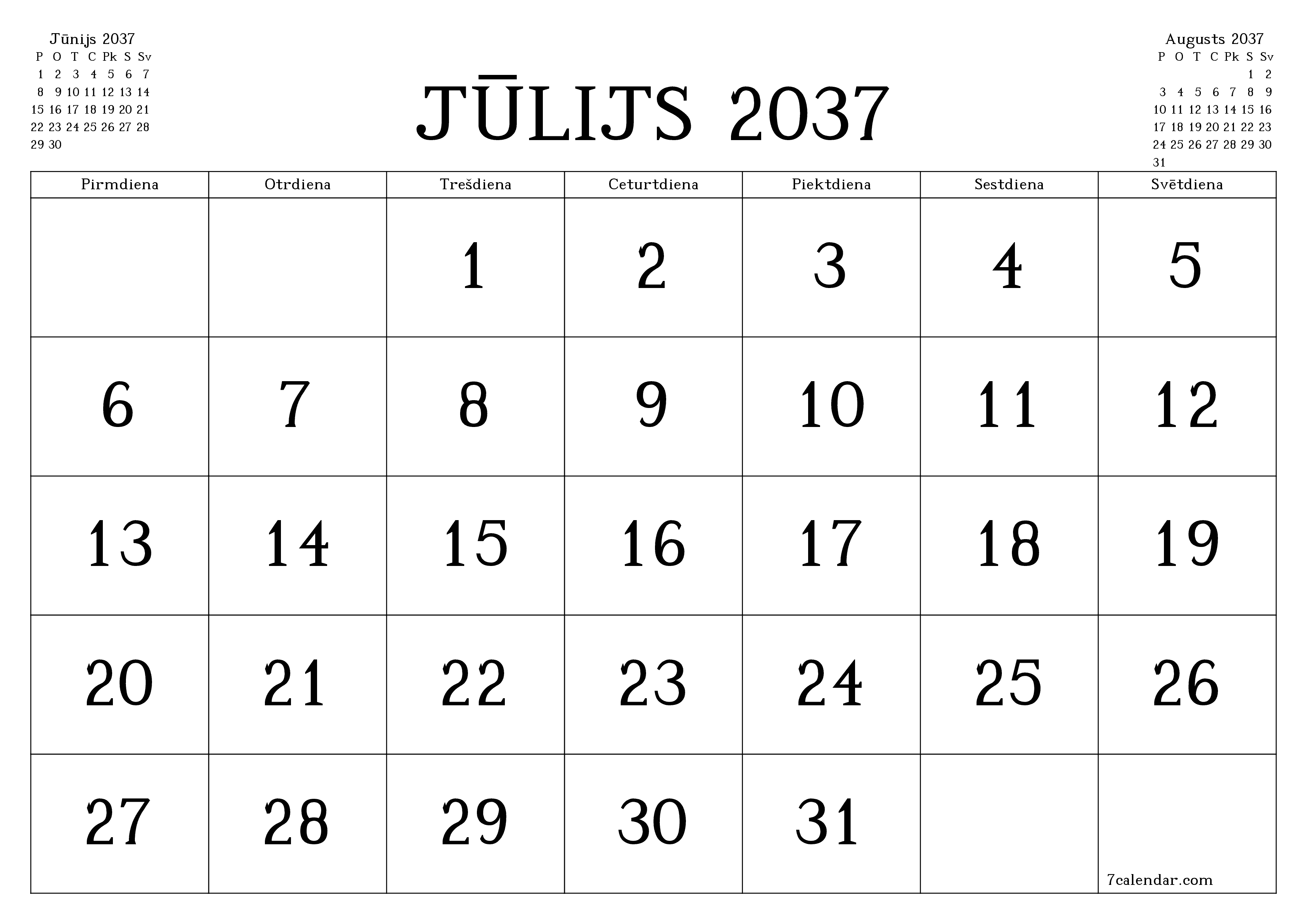 Iztukšot mēneša plānotāju mēnesim Jūlijs 2037 ar piezīmēm, saglabāt un izdrukāt PDF formātā PNG Latvian