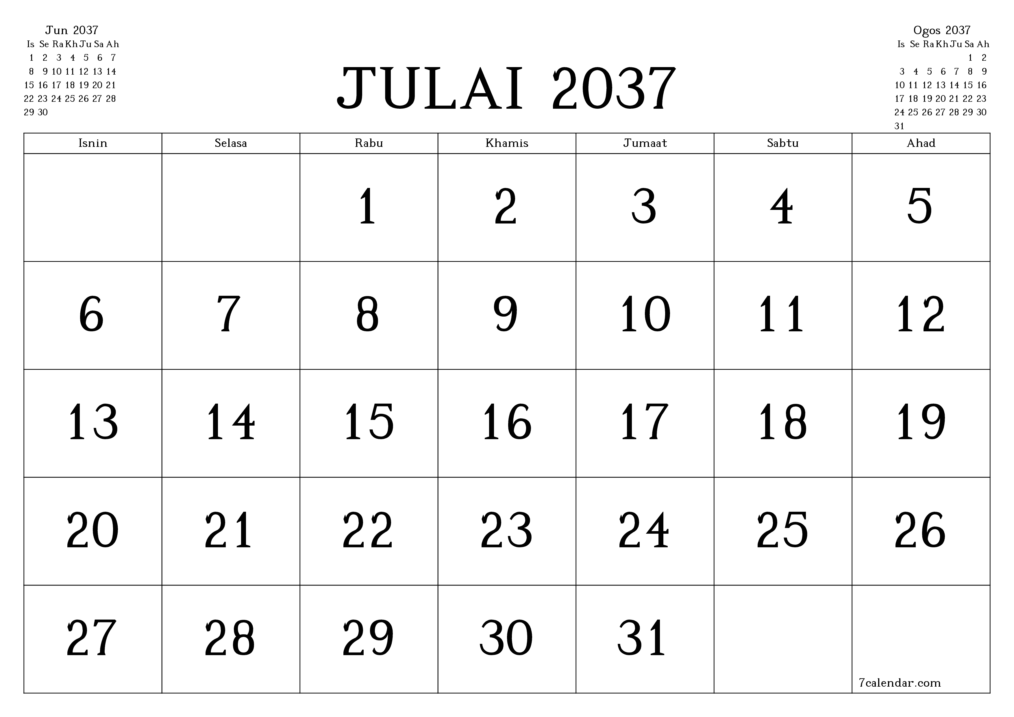 Perancang bulanan kosong untuk bulan Julai 2037 dengan nota, simpan dan cetak ke PDF PNG Malay