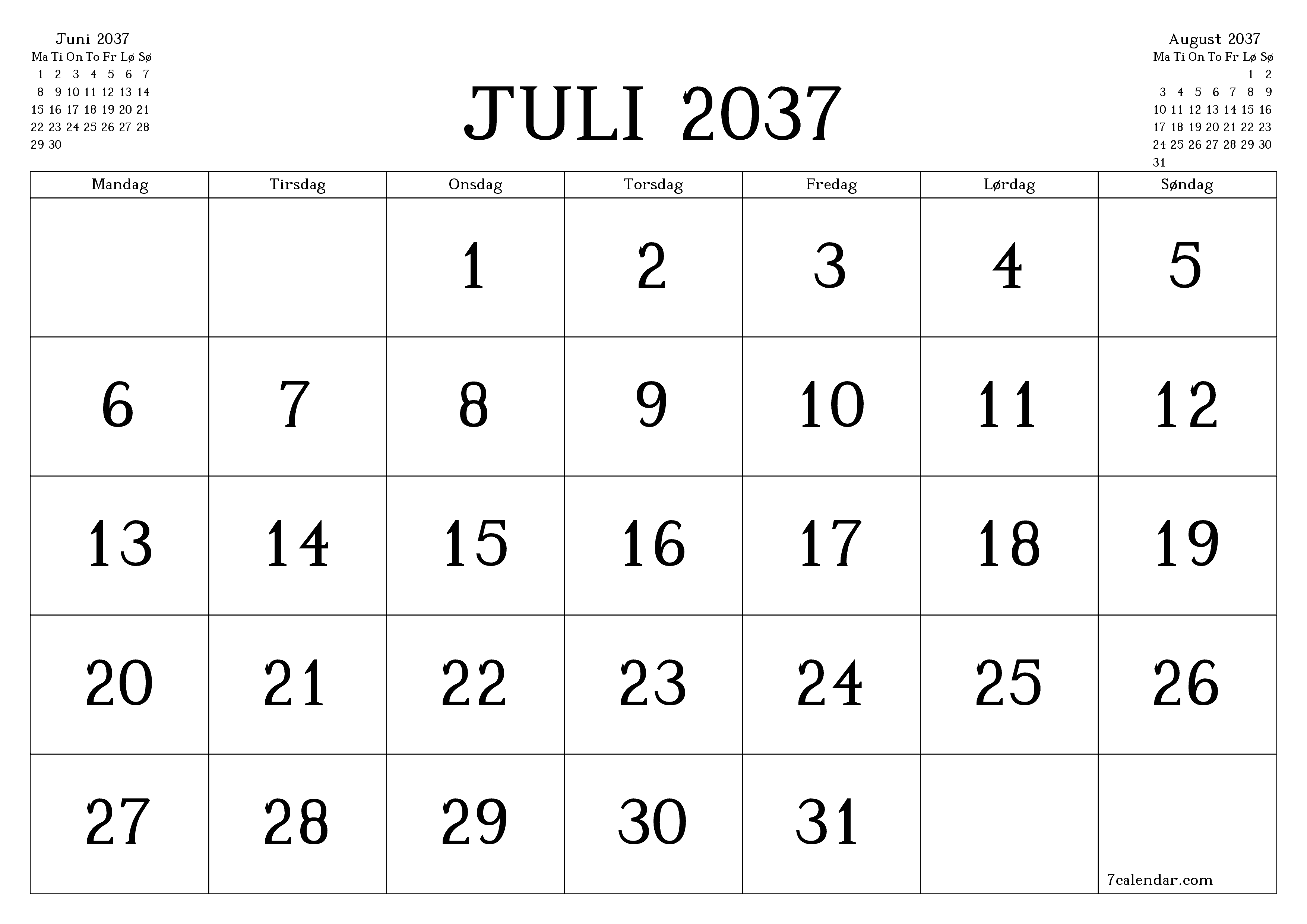 Tom månedlig planlegger for måned Juli 2037 med notater, lagre og skriv ut til PDF PNG Norwegian