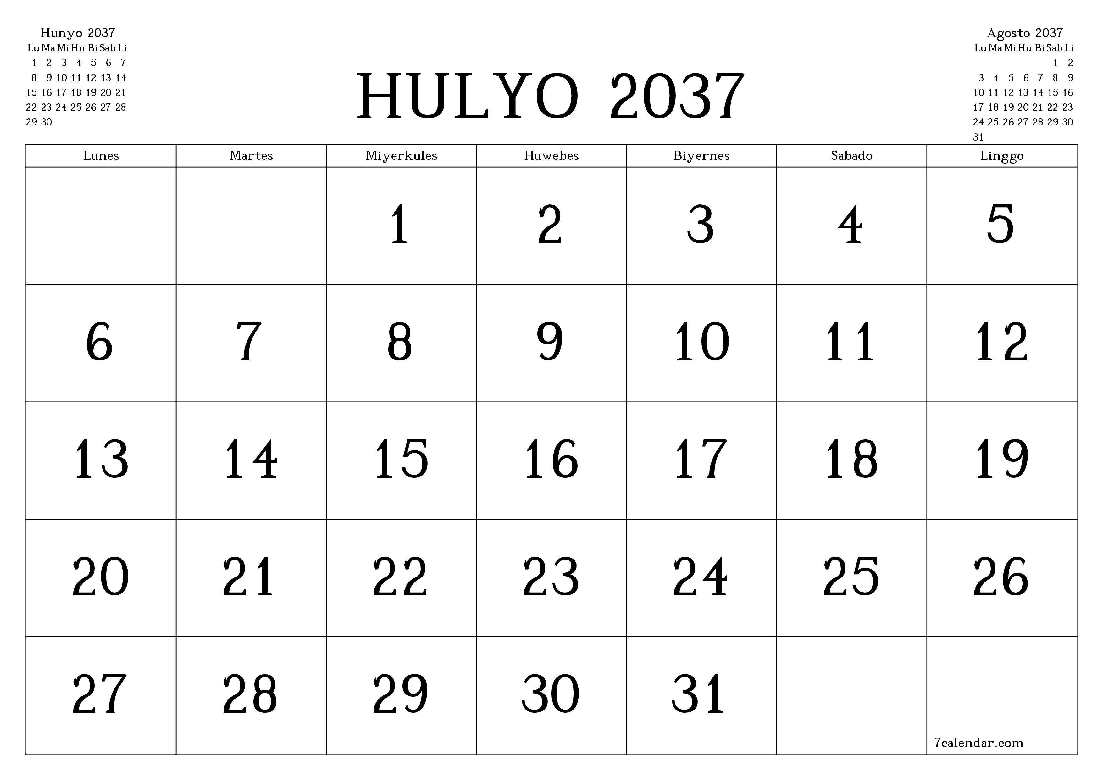 Walang laman na buwanang tagaplano para sa buwan na Hulyo 2037 na may mga tala, i-save at i-print sa PDF PNG Filipino