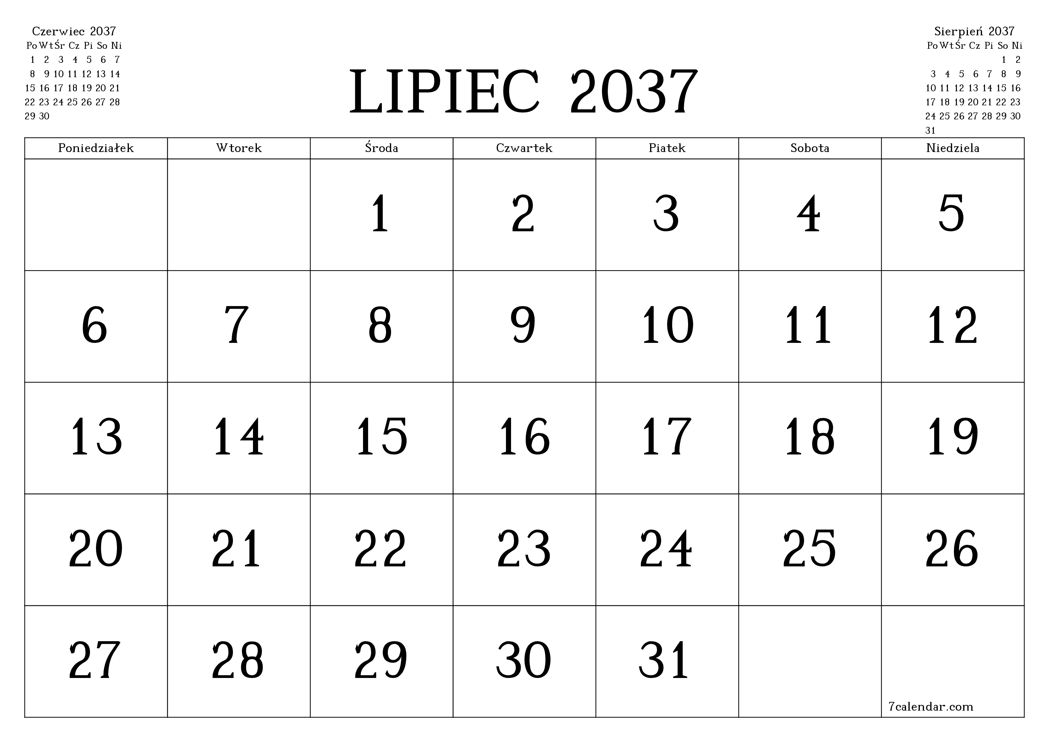 Opróżnij miesięczny planer na miesiąc Lipiec 2037 z notatkami, zapisz i wydrukuj w formacie PDF PNG Polish