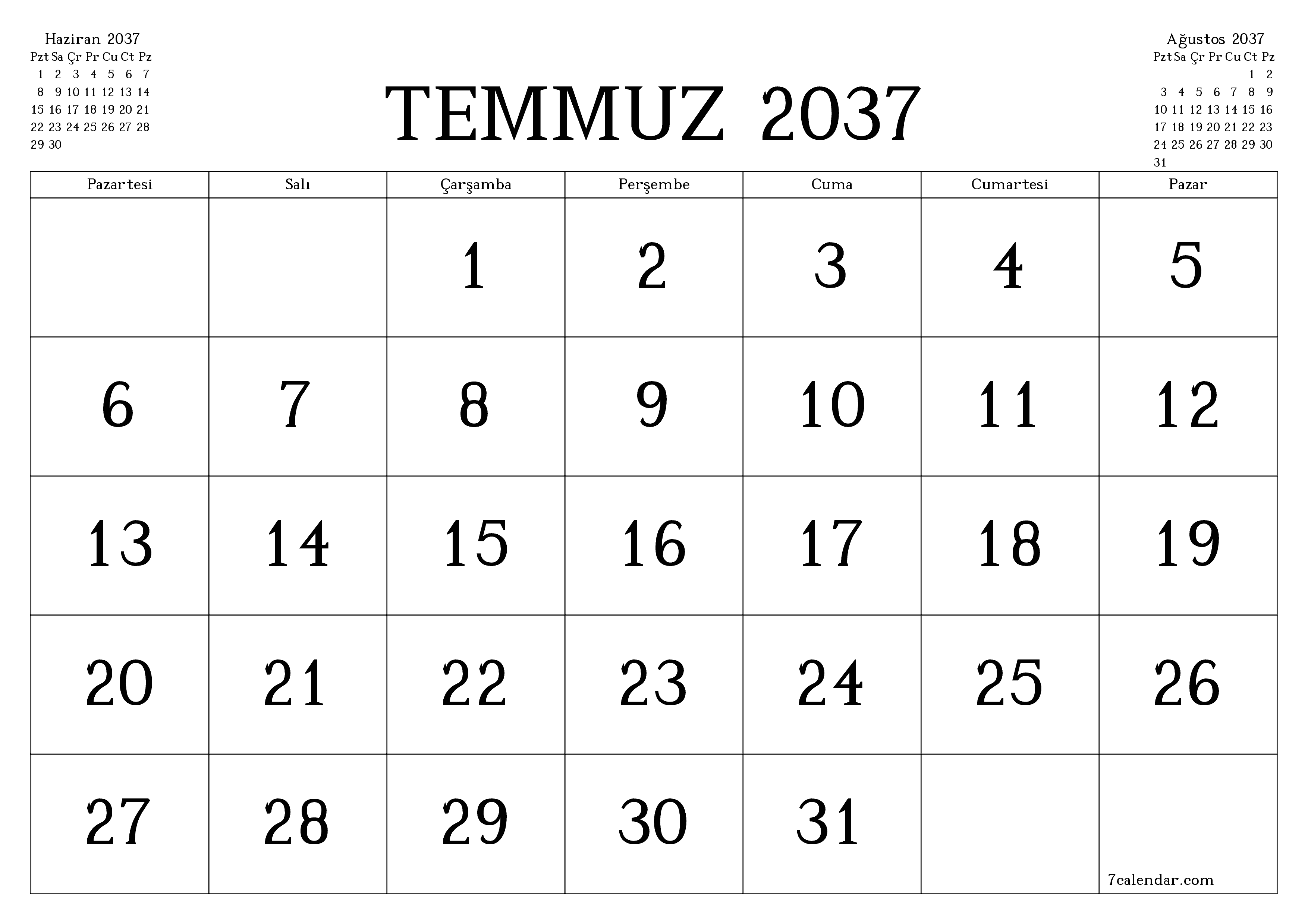 Temmuz 2037 ayı için notlarla birlikte boş aylık planlayıcı, kaydedin ve PDF'ye yazdırın PNG Turkish