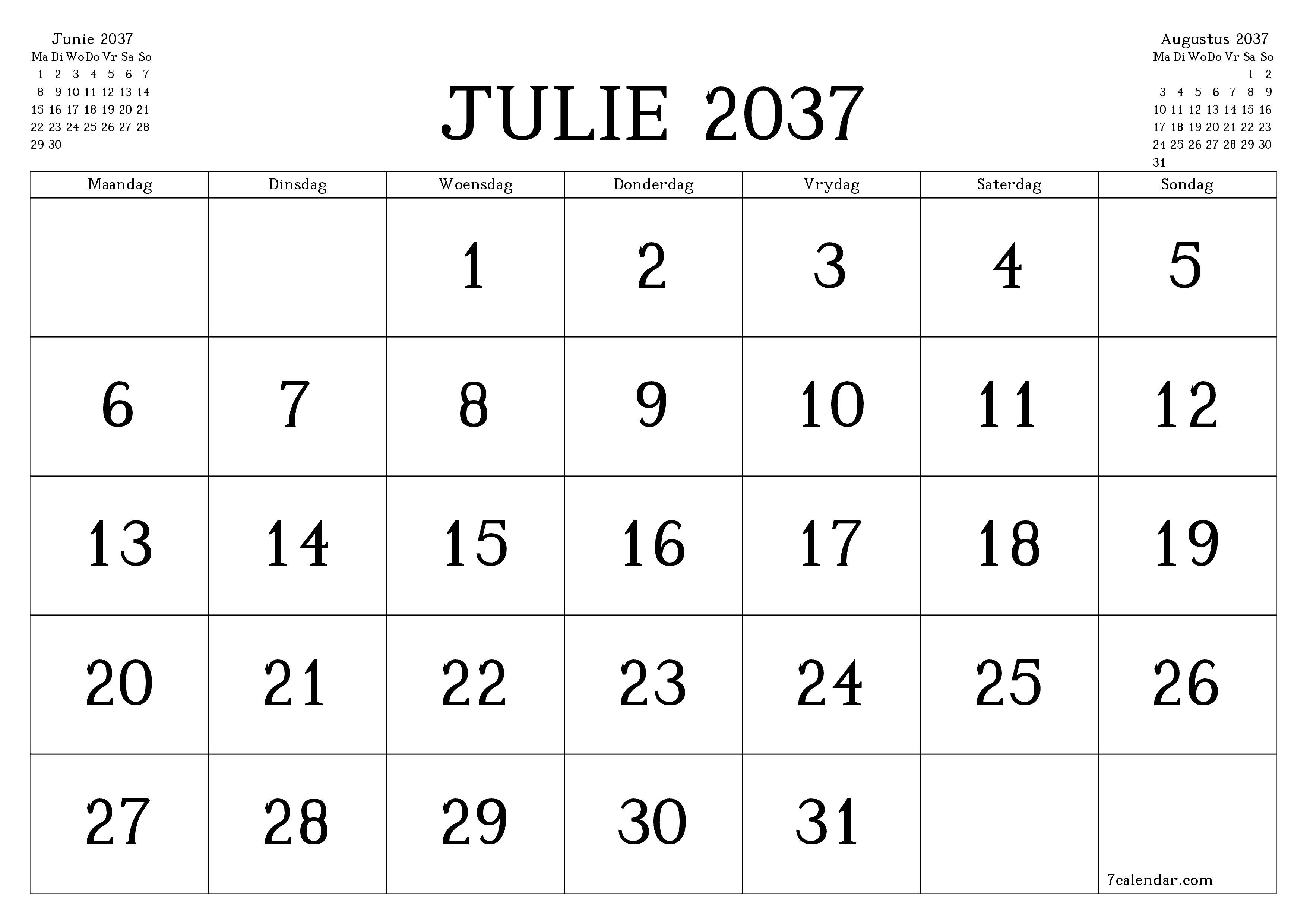 Leë maandelikse drukbare kalender en beplanner vir maand Julie 2037 met notas stoor en druk na PDF PNG Afrikaans
